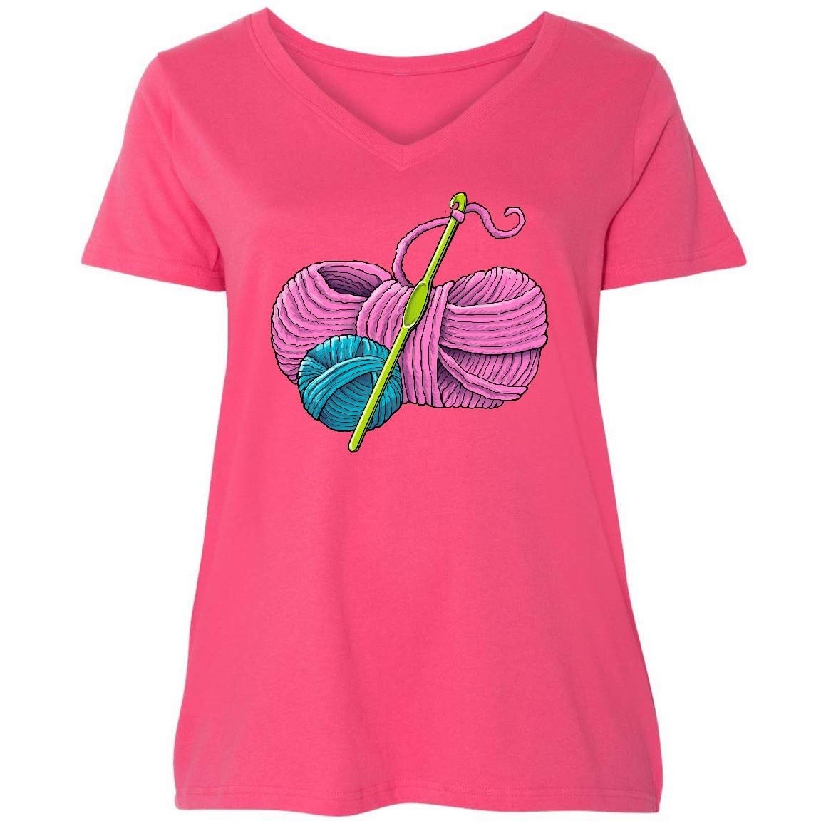 Inktastic Blue and Pink Yarn with Crochet Hook - Women's Plus Size V-Neck T-Shirt for Craft Lovers & Crochet Enthusiasts - Perfect for DIY Projects, Casual Wear & Gift Giving