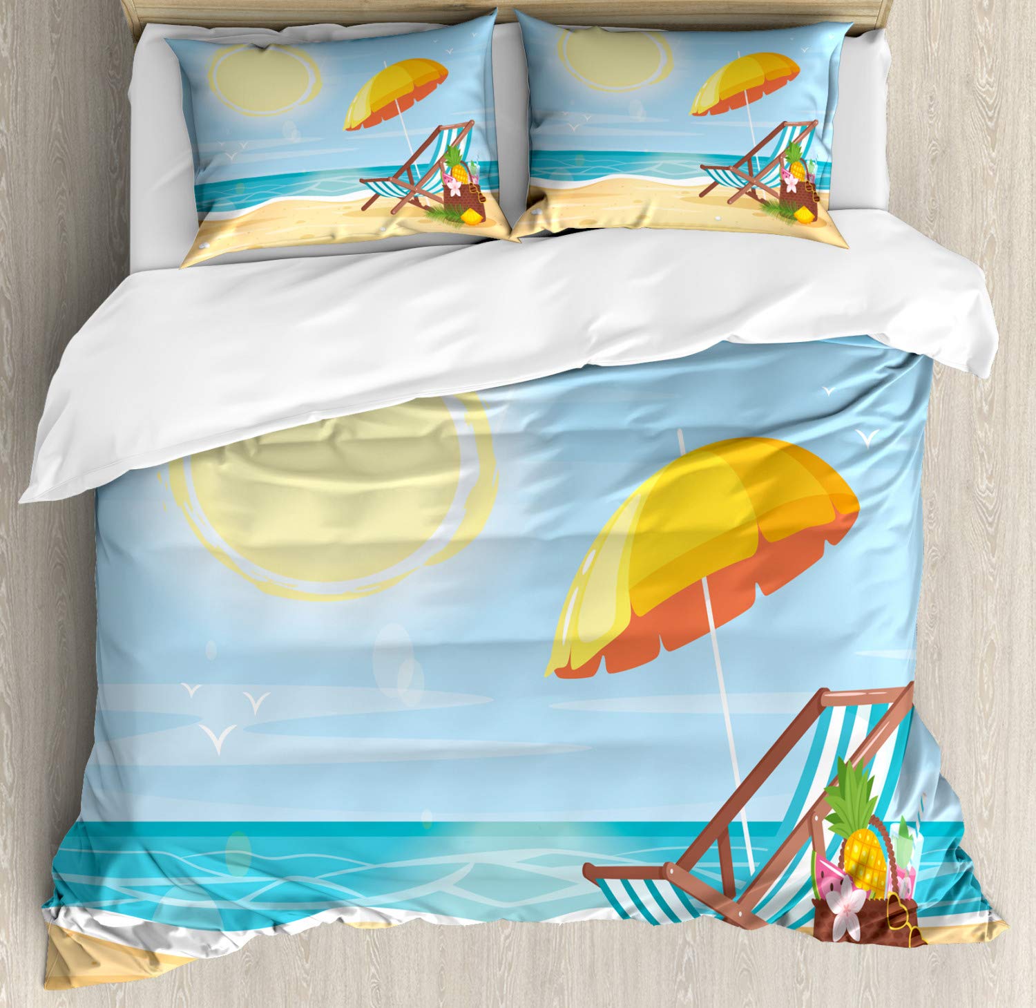 Ambesonne 3-Piece Queen Duvet Cover Set - Coastal Beach Theme with Deck Chair & Umbrella, Soft Microfiber Bedding for Summer Decor, Travel & Vacation Home Use