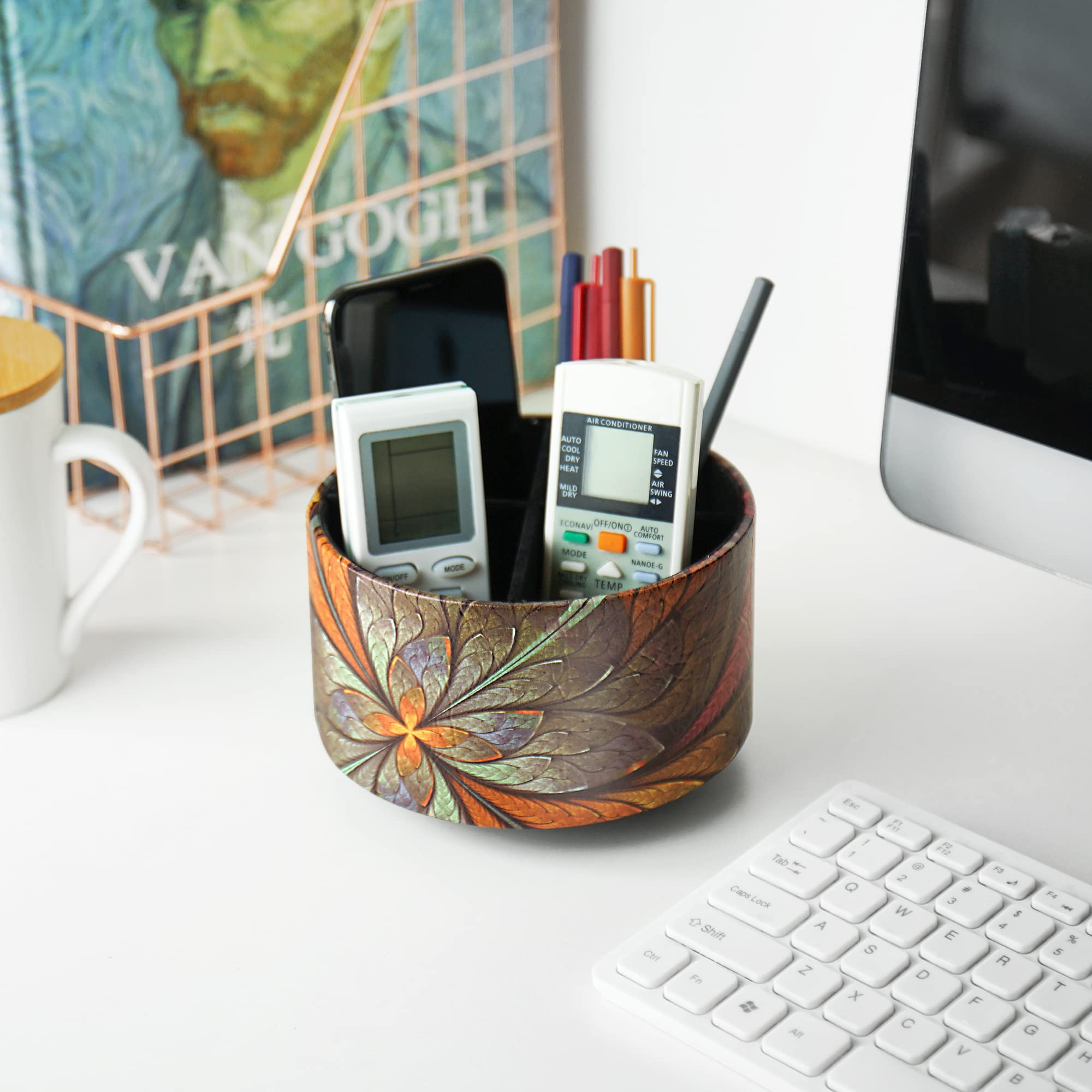 360° Rotating Round Leather Desk Organizer - Multi-Functional Pencil Holder with 4 Compartments for Art Supplies, Remote Controls & Stationery (Orange Flower Pattern) | Perfect for Home Office, Study Desk & Craft Room Organization
