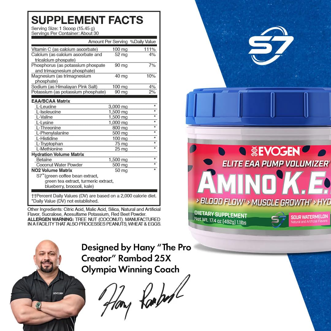 Evogen Amino K.E.M. - Essential Amino Acids (EAA) & Branched-Chain Amino Acids (BCAA) Powder for Muscle Growth, Hydration & Blood Flow | Sour Watermelon Flavor | 30 Servings | Pre-Workout & Post-Workout Recovery Supplement