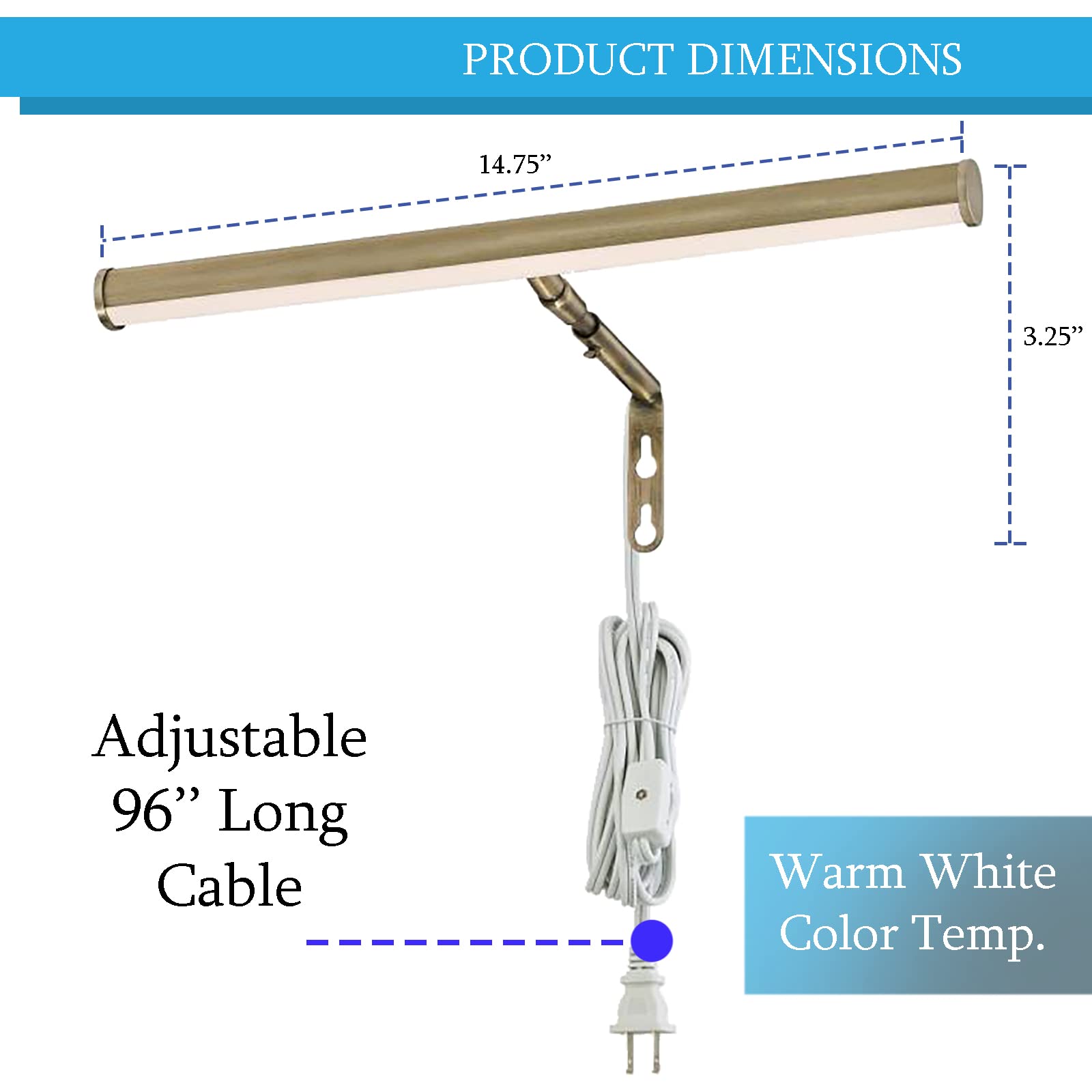 Ciata 14-Inch Adjustable LED Picture Light for Wall Art - 15W Metal Frame Light with In-Line On/Off Switch & E12 Candelabra Base in Antique Brass - Perfect for Gallery Displays, Home Decor & Artwork Illumination