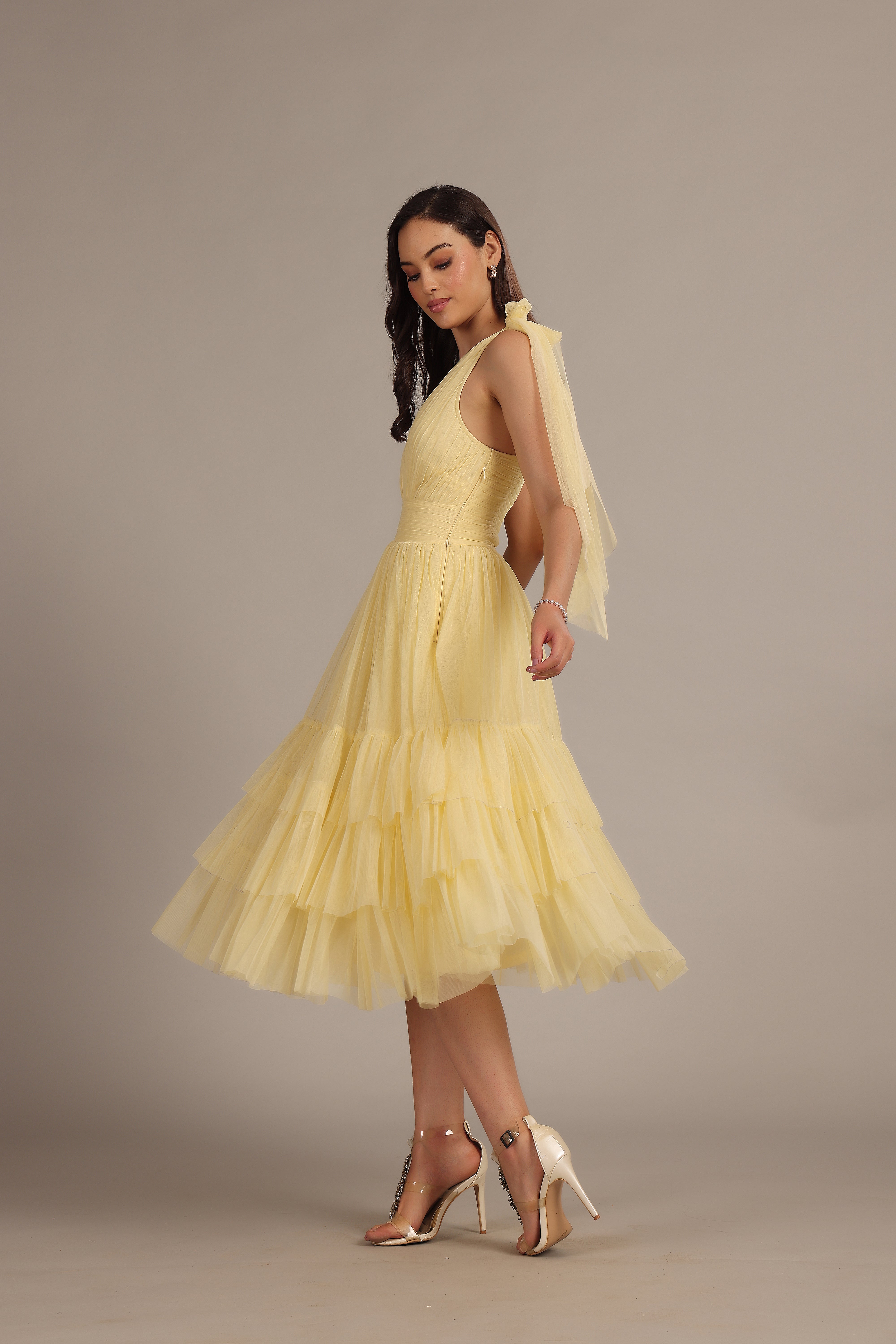 Buttercup Yellow Bow Shoulder Madison Midi Dress for Women | Elegant Party & Wedding Guest Outfit | Summer Cocktail & Formal Occasion Wear