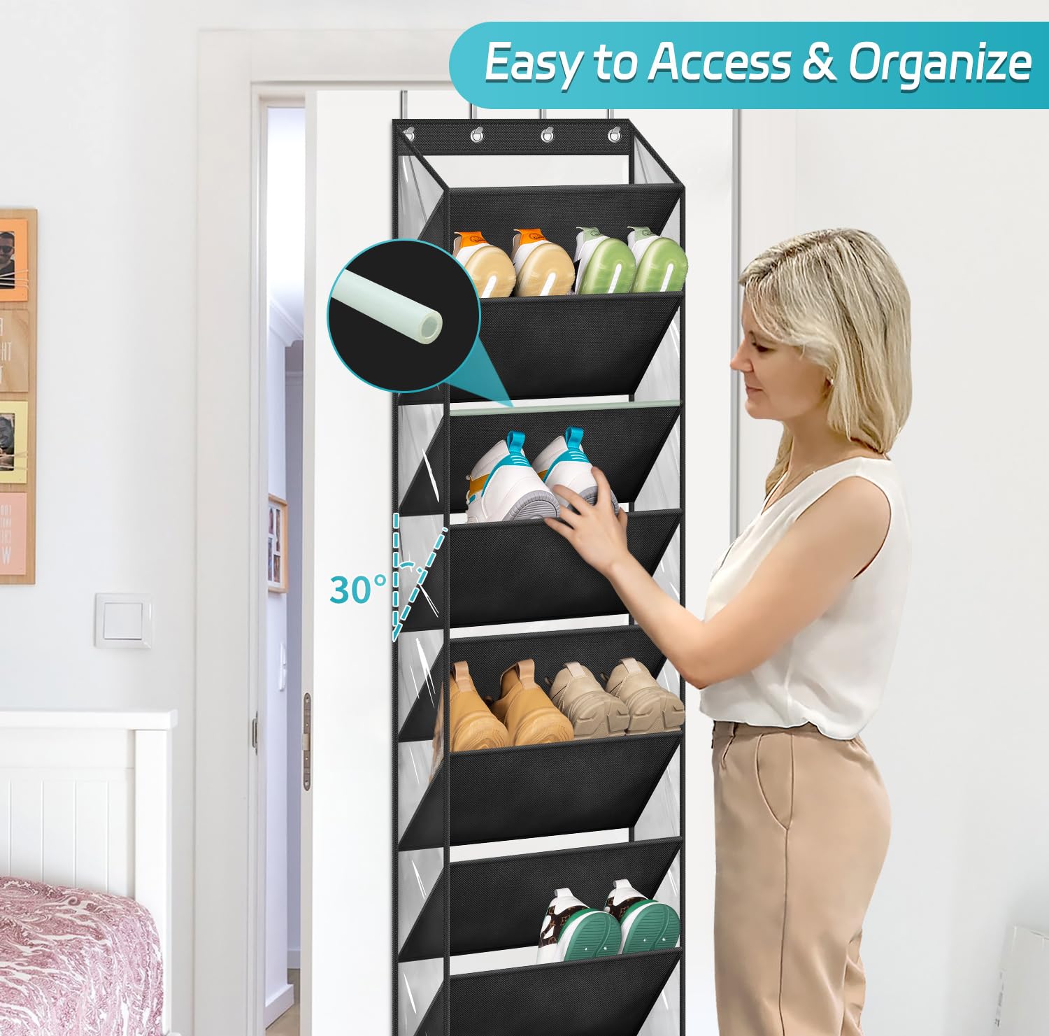 AOODA 10-Tier Clear Over The Door Shoe Organizer - Large Hanging Shoe Rack with Deep Pockets for Sneakers, Boots & Sandals - Fits 20 Pairs - Space Saving Closet Storage Solution for Bedroom, Dorm & Apartment (Black)