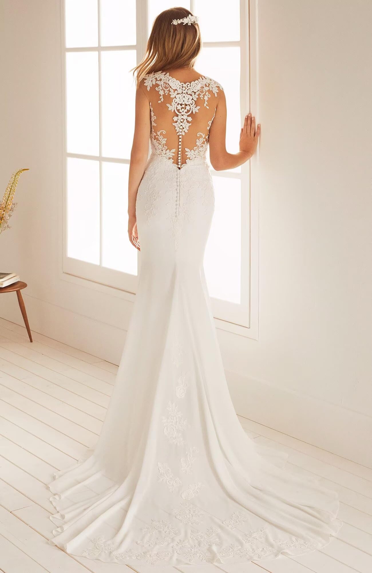 Elegant Lace Mermaid Wedding Dress for Bride - Floral Backless Boho Bridal Gown for Beach, Destination & Outdoor Weddings | Perfect for Romantic Seaside Ceremonies