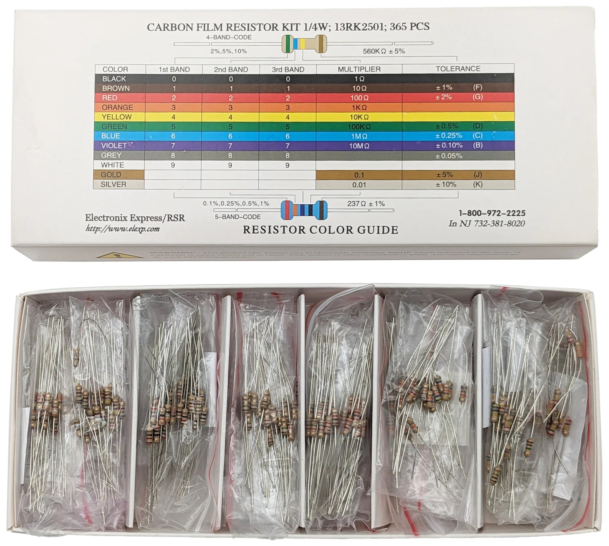 365-Piece 1/4 Watt Resistor Kit with Assorted Values - Organized in Compartmentalized Cardboard Storage Box - Perfect for Electronics Projects, DIY Repairs, and Circuit Prototyping