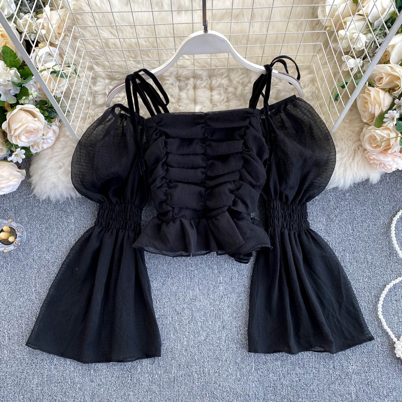 Fairy Puff Sleeve Pleated Cropped Chiffon Blouse for Women - Elegant Flowy Summer Tops for Casual Wear, Date Night & Office Outfits