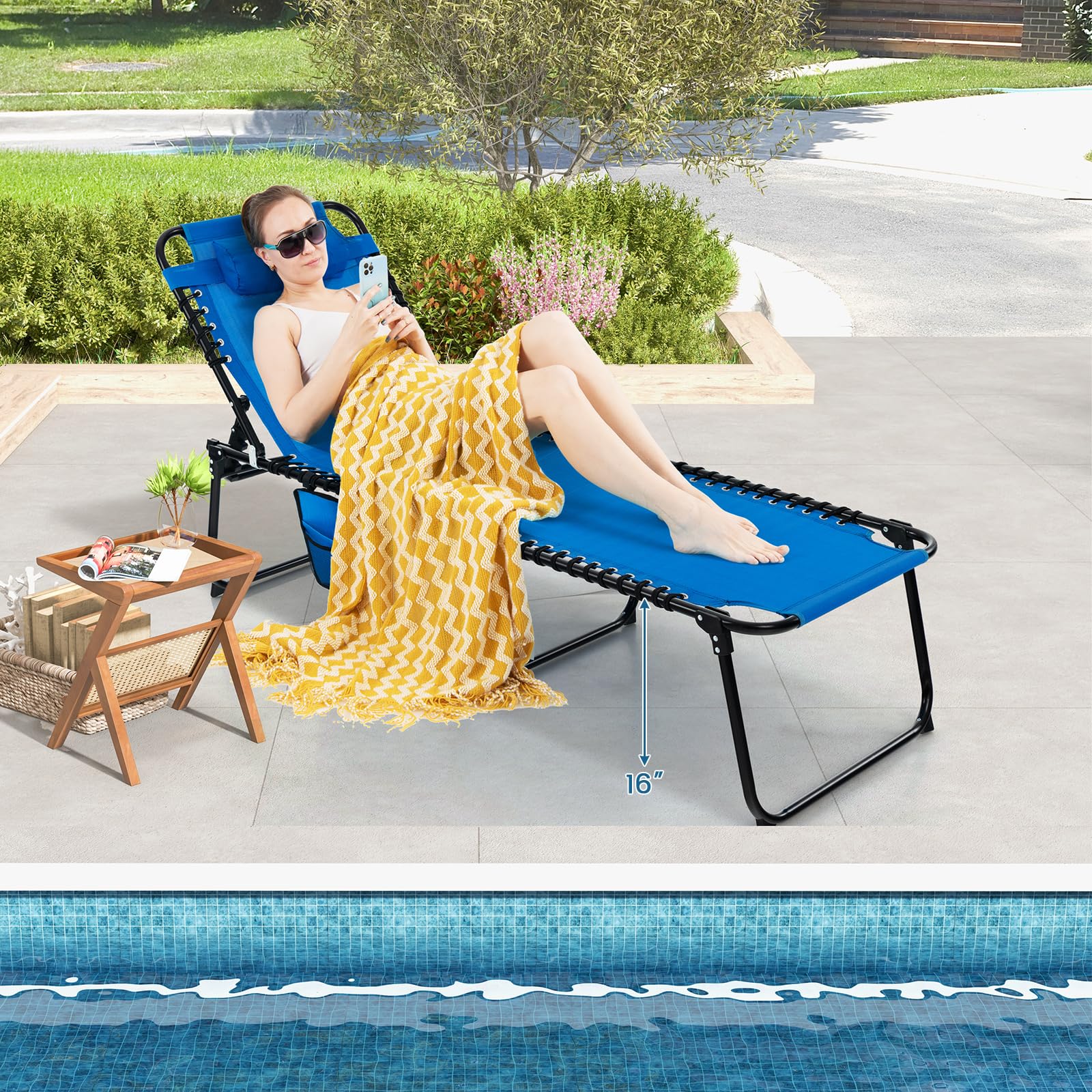 Goplus 5-Position Adjustable Chaise Lounge Chair with Detachable Pillow & Side Pocket - Outdoor Folding Beach Chair for Tanning, Patio, Lawn, Pool & Yard - Perfect for Sunbathing, Relaxing by the Pool or Backyard Lounging