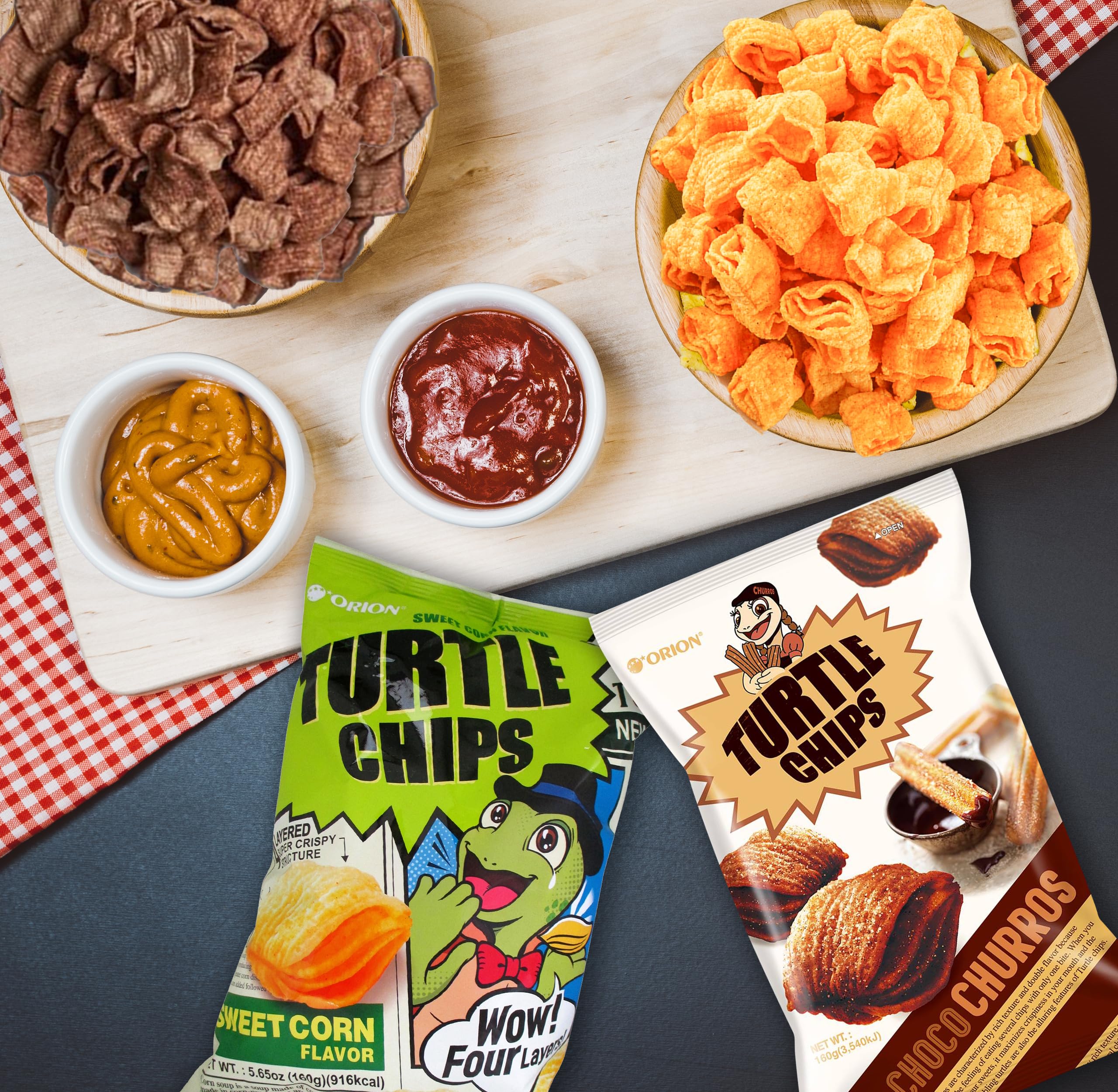 Orion Turtle Chips Variety Pack - Choco Churros & Sweet Corn Flavors (2 of Each) | Authentic Japanese Korean Snacks | Crunchy Corn Tortilla Chips | Perfect for Parties, Movie Nights & Gifts | 4-Pack with Reusable Nosh Bag