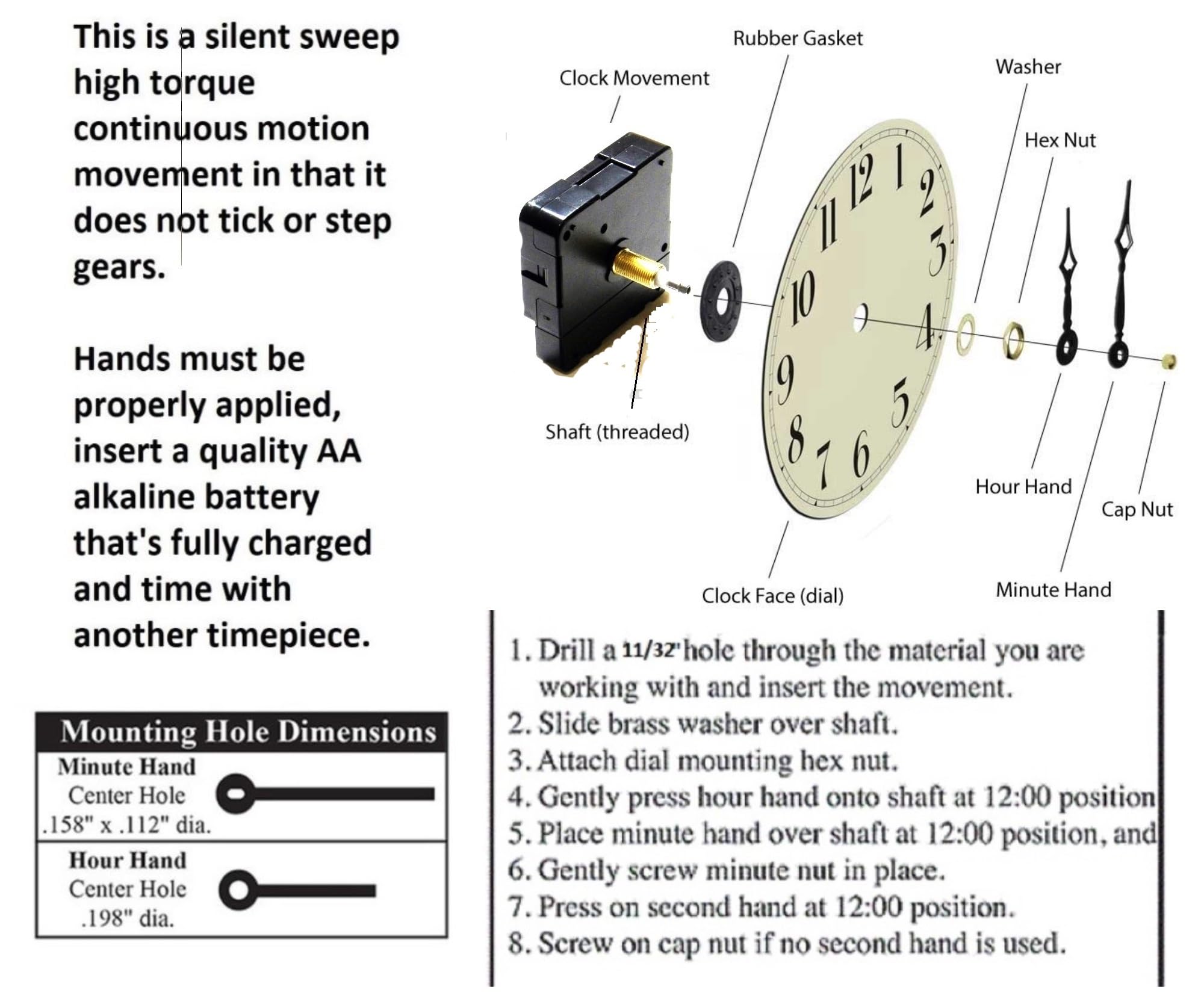High Torque Silent Sweep Clock Movement with 14-inch Extended Shaft & Balanced Black Fancy Sword Hands (No7) - Large Wall Clock Mechanism for Quiet Non-Ticking Operation - Perfect for DIY Clock Making, Home Decor, and Office Timepieces