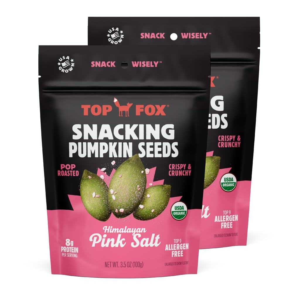 Organic Pop-Roasted Pumpkin Seeds by Top Fox Snacks | Healthy Protein Snack, Gluten Free, Keto & Vegan Friendly with Himalayan Salt | Perfect for On-the-Go, Hiking & Office Snacking (3.5oz, 2-Pack)