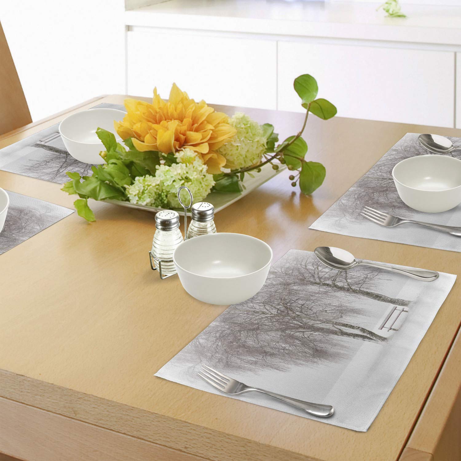 Ambesonne Winter Placemats Set of 4 - Snowy Park Bench Scene with Blizzard Holiday Design - Washable Fabric Table Mats for Dining Room & Kitchen Decor (White & Brown) - Perfect for Christmas Dinners, Cozy Winter Meals & Holiday Table Settings