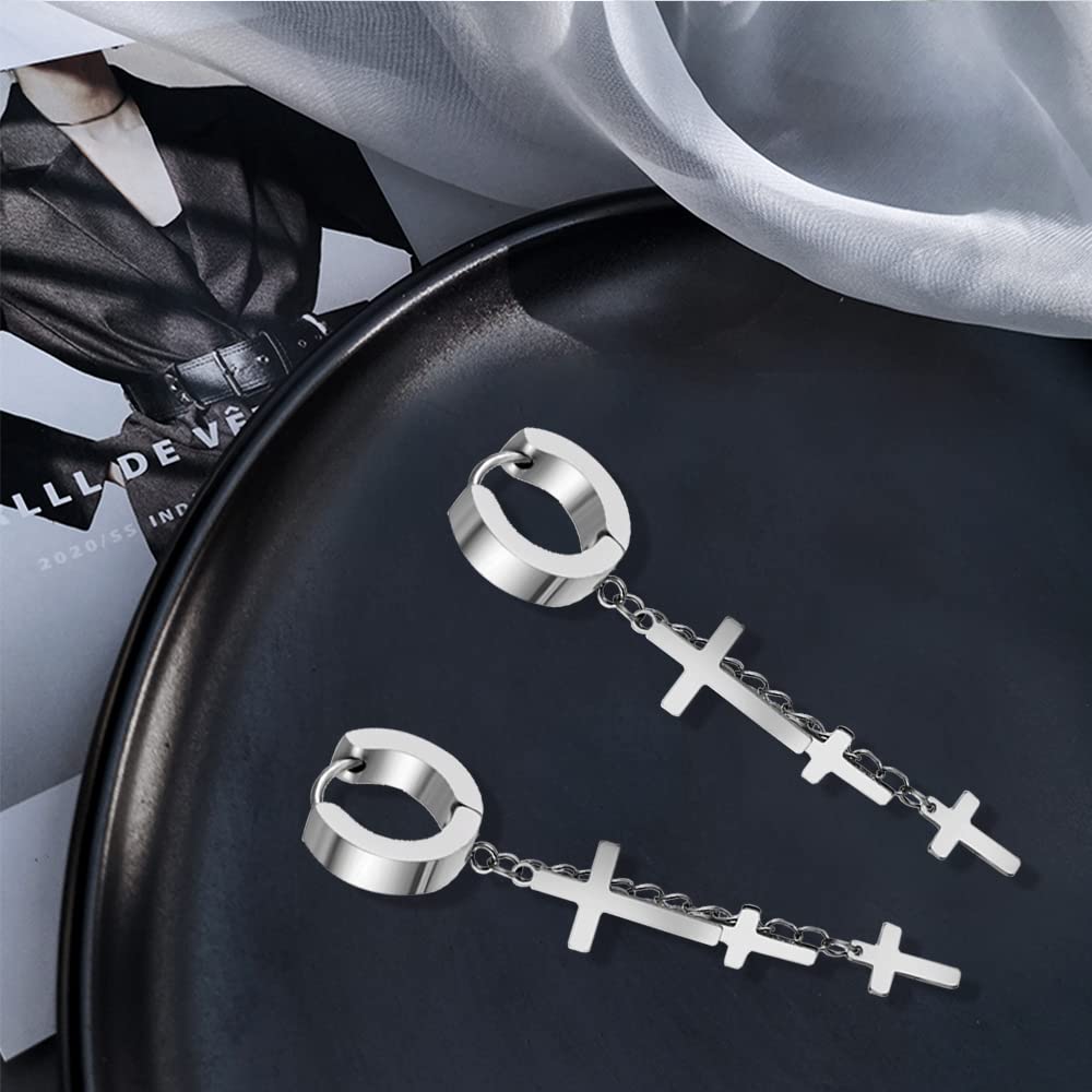 Punk Minimalist Stainless Steel Cross Drop Hoop Earrings for Men & Women - Gothic Jewelry for Everyday Wear, Parties & Alternative Fashion