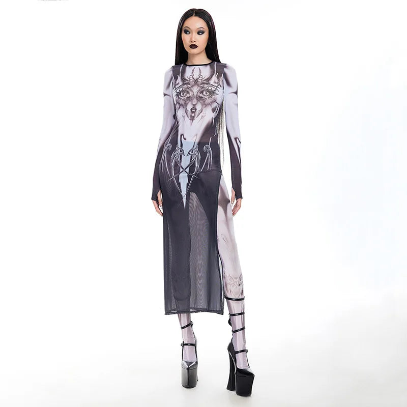 Anime Print Sheer Mesh Dress - Y2K Harajuku Streetwear Grunge Long Split Dress for Women | Spring 2024 Fashion | Perfect for Cosplay, Concerts & Night Out