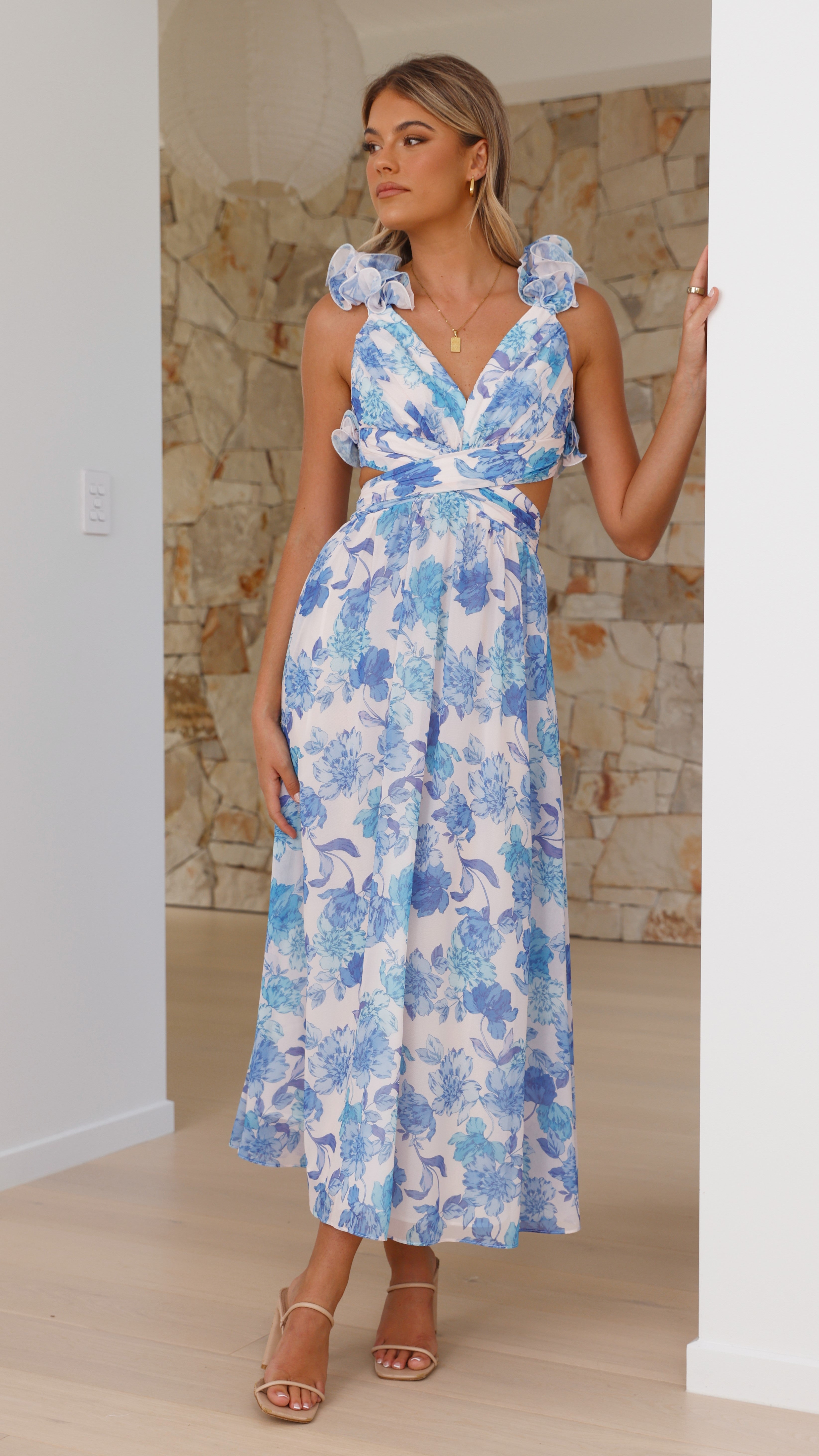 Galilhai Maxi Dress - Blue Floral Print Long Summer Dress for Women | Beach, Vacation & Casual Wear