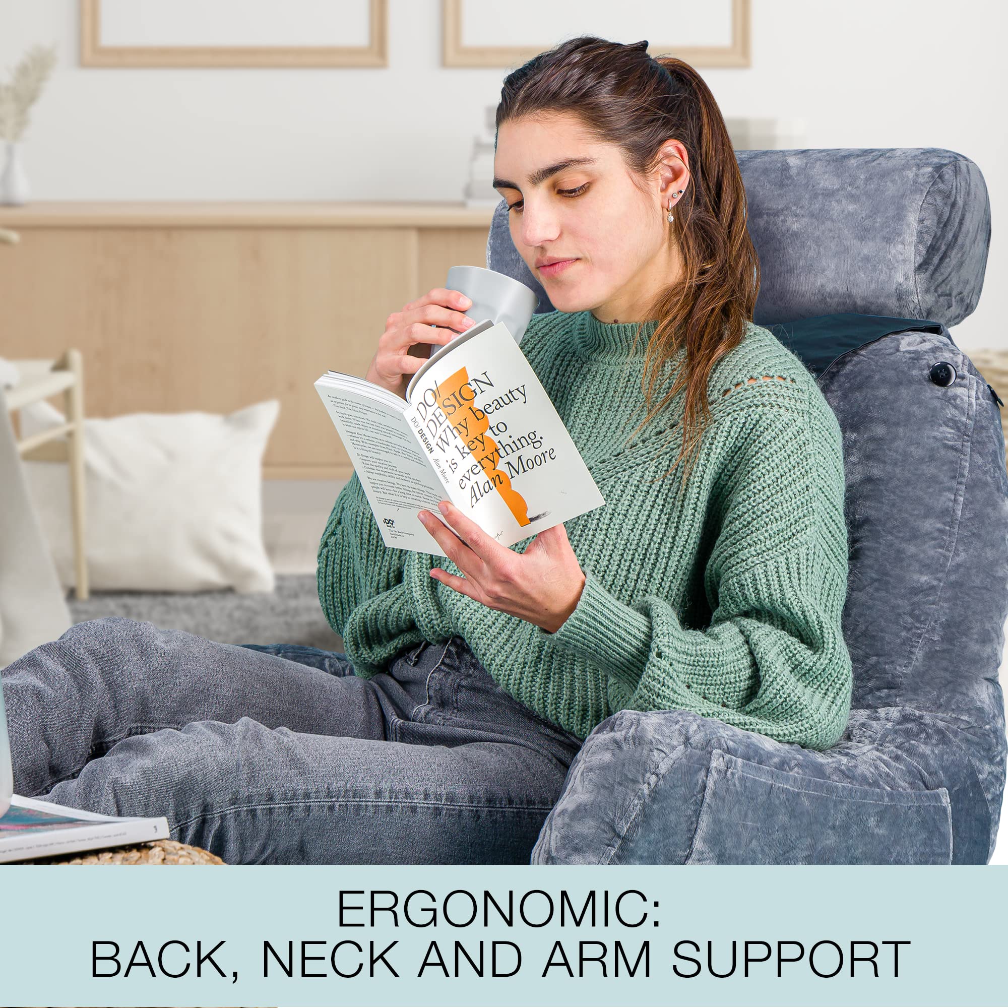 Extra Large Reading Pillow with Shredded Memory Foam - Ergonomic Back Support Pillow for Bed, Couch & Floor - Includes Neck Roll Mat - Perfect for Reading, Gaming, Watching TV & Relaxing at Home