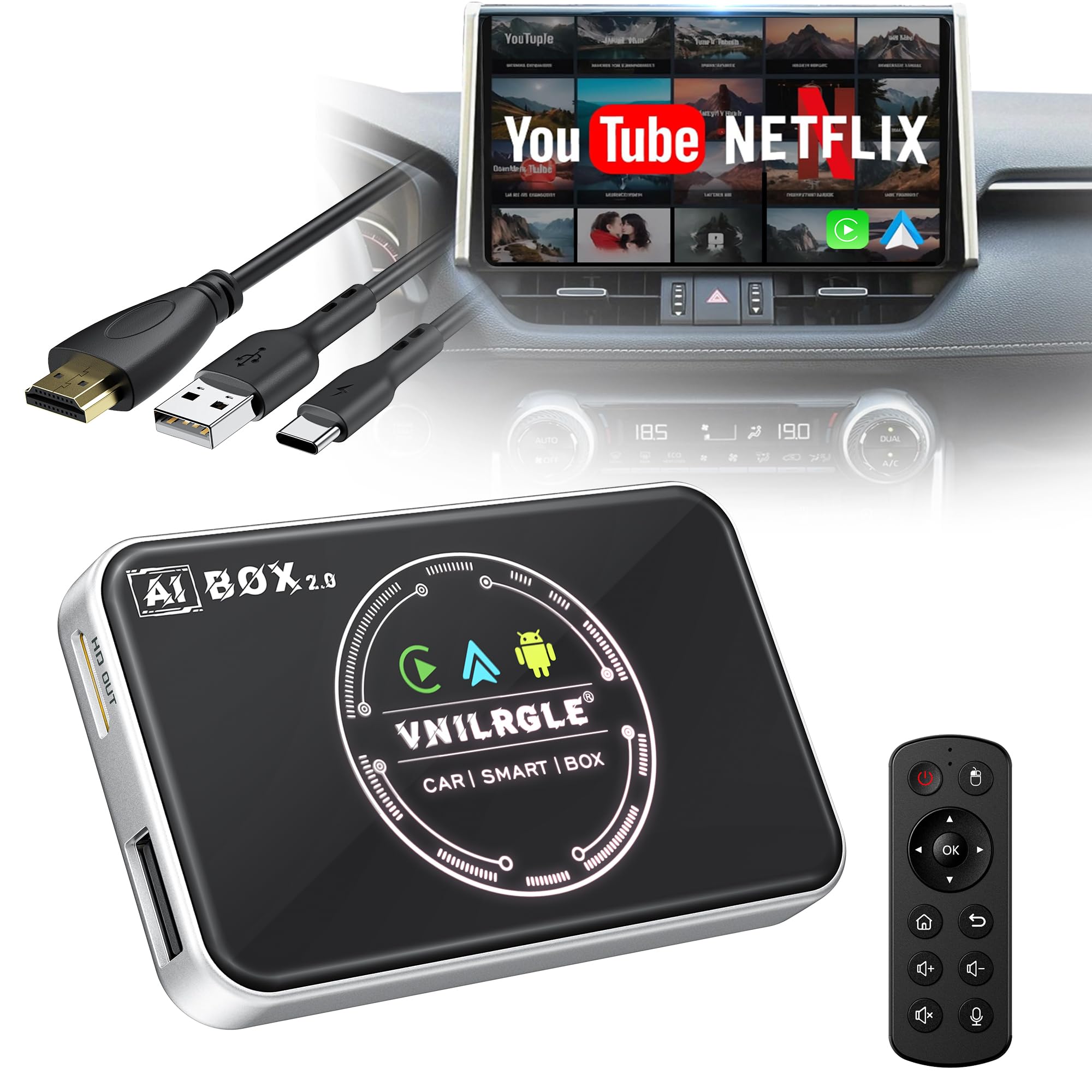 4-in-1 Wireless CarPlay & Android Auto Adapter - Stream Netflix, YouTube & More - Split Screen & Mirroring - Compatible with OEM Wired CarPlay/Android Auto Cars - Perfect for Road Trips & In-Car Entertainment