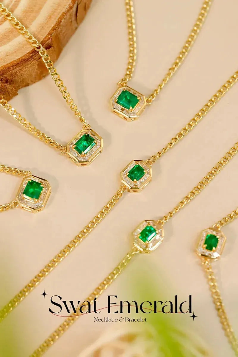 18K Yellow Gold Bracelet for Women with Real Diamonds & Natural Emerald - T Shape Cuban Chain Design Jewelry Set (Bracelet & Necklace) | Perfect for Weddings, Anniversaries, and Special Occasions