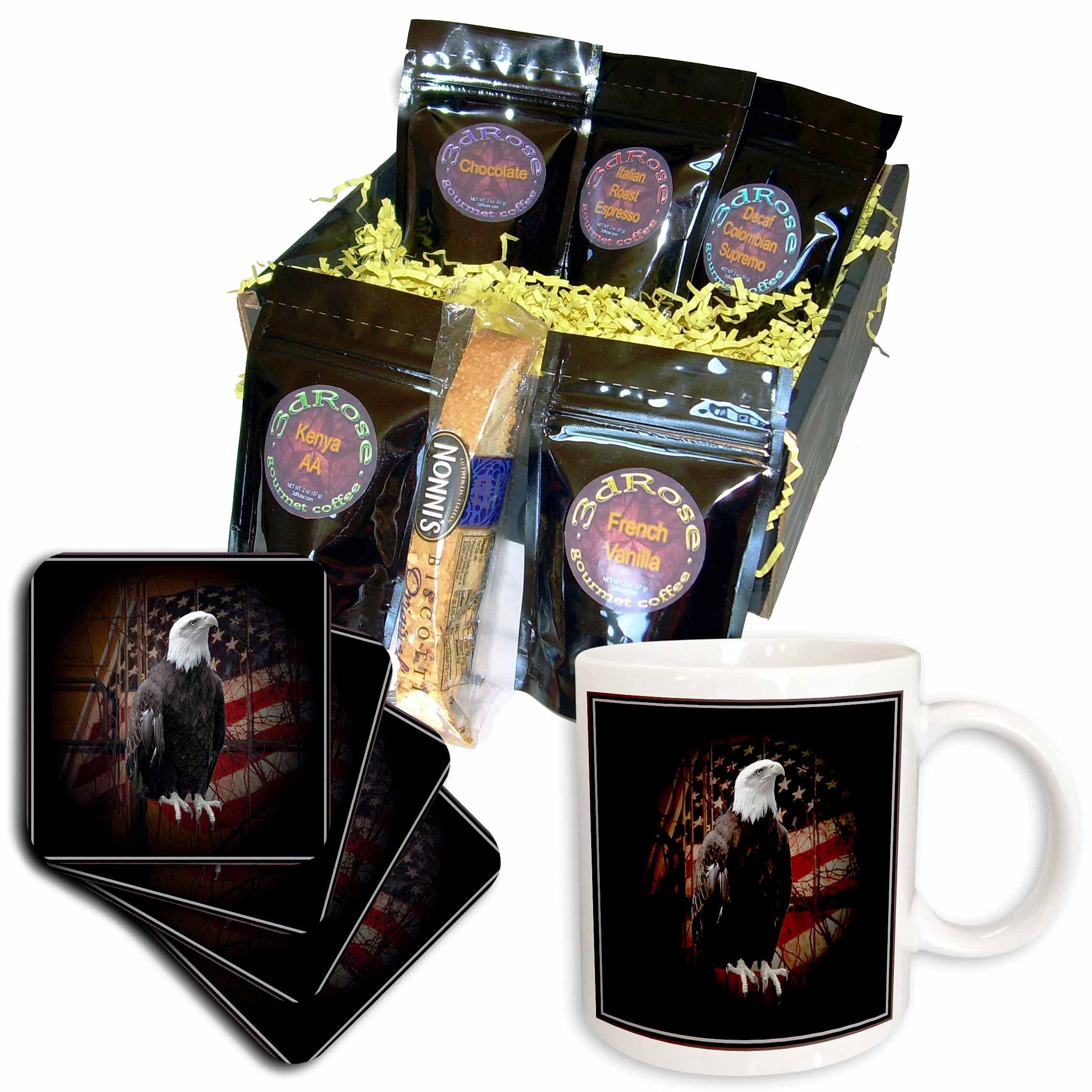 3dRose Bald Eagle with American Flag Coffee Gift Basket - Multicolor - Perfect for Patriotic Gifts, Office Decor & Coffee Lovers