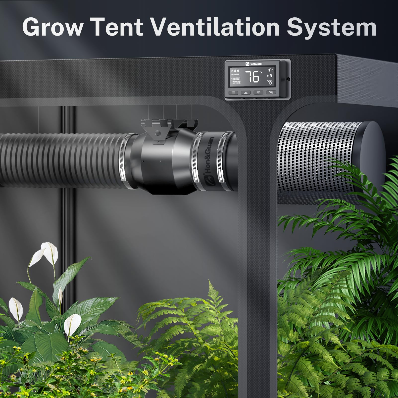 Hon&Guan PRO 6 Inch Inline Duct Fan - 405 CFM High Performance Ventilation with Quiet EC Motor & Smart Temperature Humidity Controller - HVAC Exhaust Fan for Grow Tents, Hydroponics, Greenhouses, Home Heating and Cooling Systems (Black & Orange)
