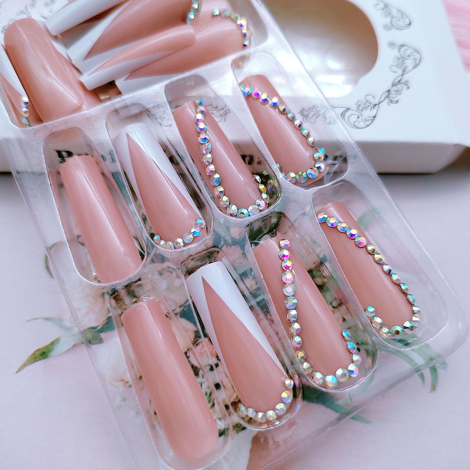 White French Tip Press on Nails - 24PCS Long Square Acrylic Fake Nails with Heart Rhinestone Design, Full Cover Glue on Nails for Women (Walnut Color) | Perfect for Parties, Weddings, and Special Occasions