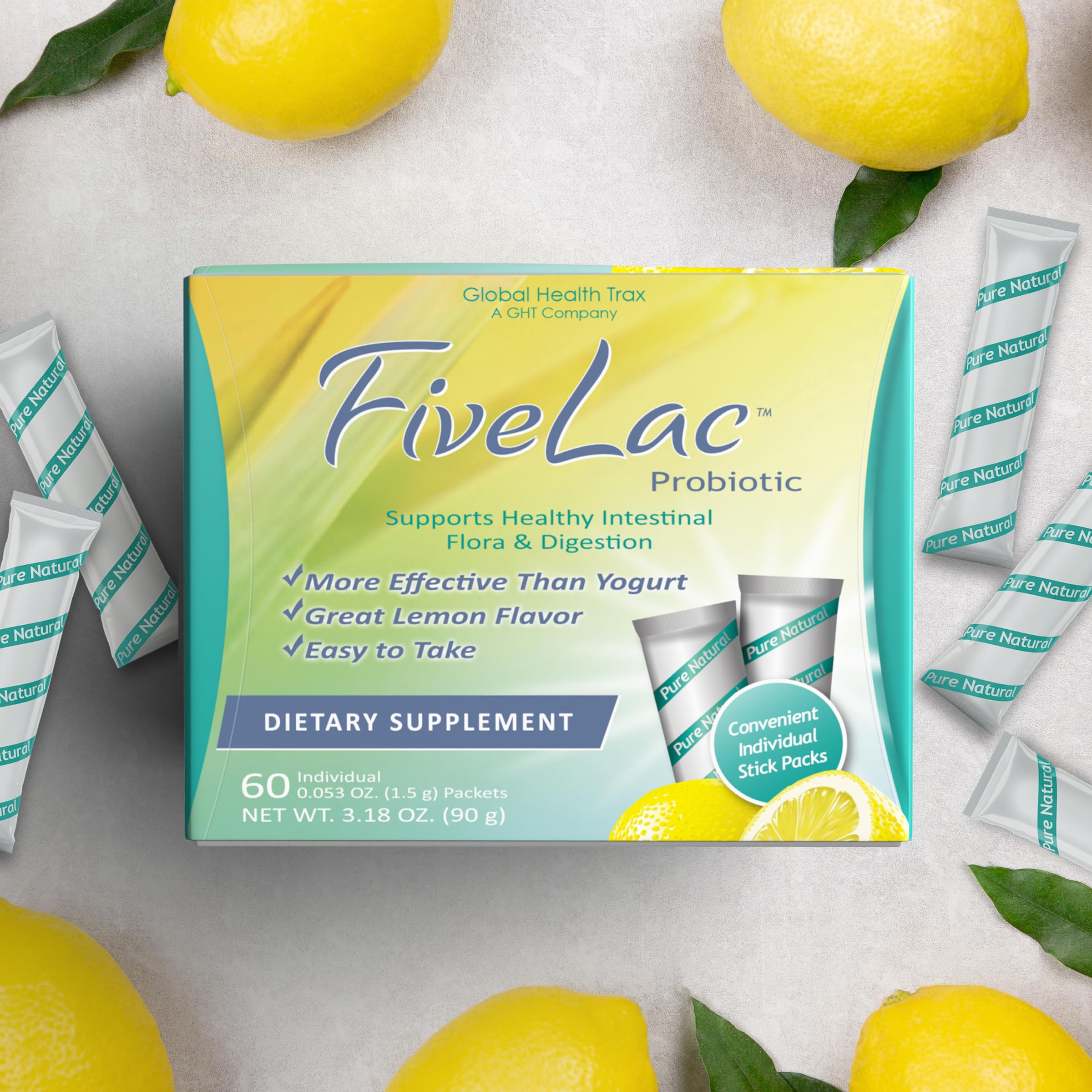 GHT - FiveLac Lemon Probiotic Powder Drink Mix for Digestive Health - Supports Gut Flora for Women, Men & Kids - Relieves Constipation, Gas & Bloating - Non-GMO, 60 Packets (2 Pack) - Perfect for Daily Wellness & Travel