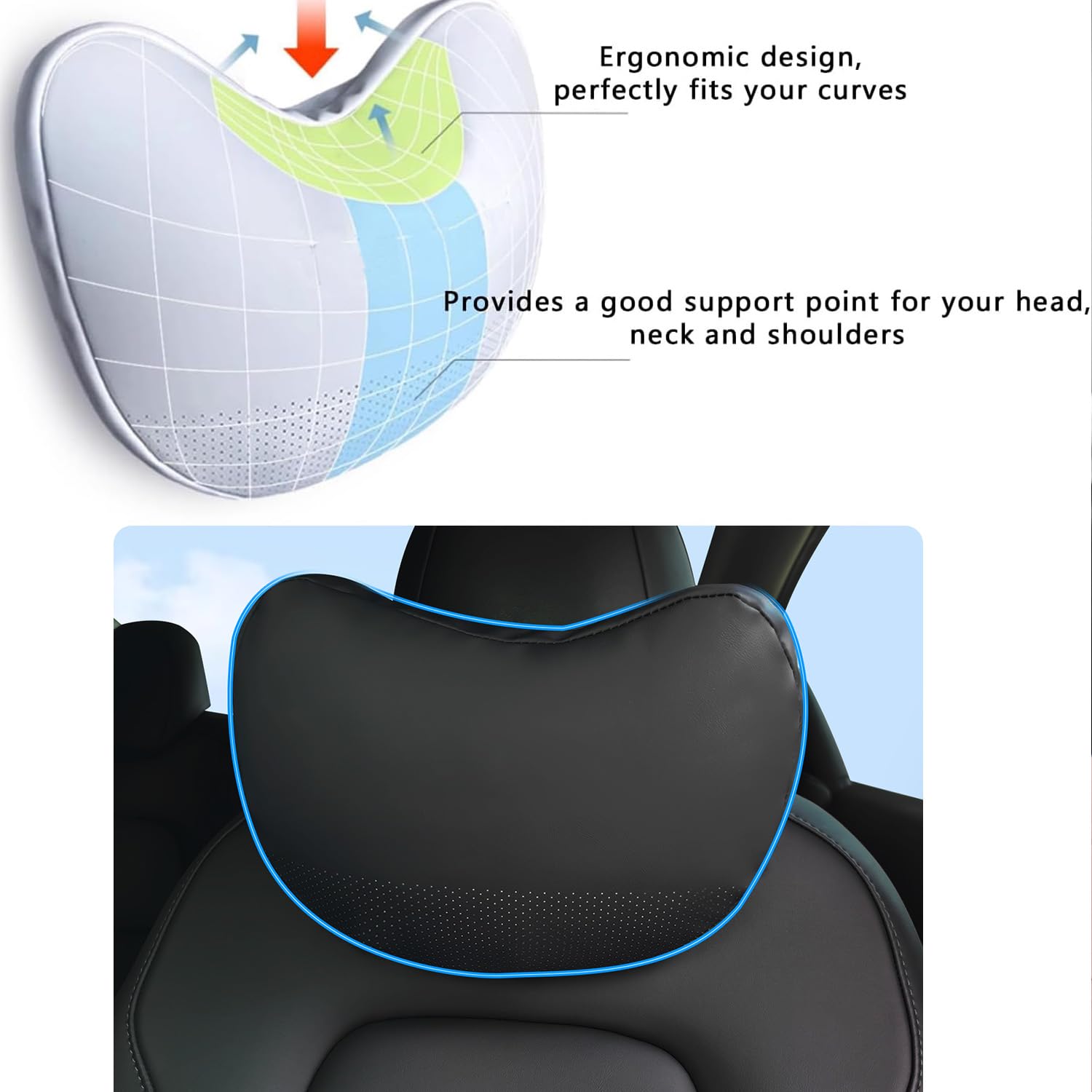 Genuine Nappa Leather Car Headrest Pillow - 2 Pack Ultra Soft Neck Support Pillows for Driving & Travel - Black - Perfect for Long Road Trips & Commuting