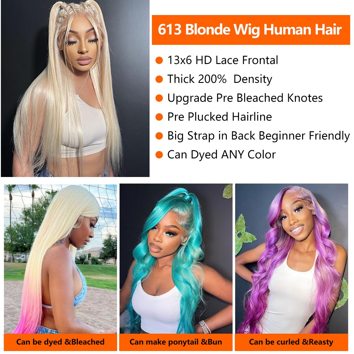 613 Blonde Human Hair Lace Front Wig 30 Inch - 13x6 HD Lace Frontal Wig 200% Density Pre-Plucked Glueless Straight Wig for Women | Perfect for Daily Wear, Cosplay, Parties & Special Occasions