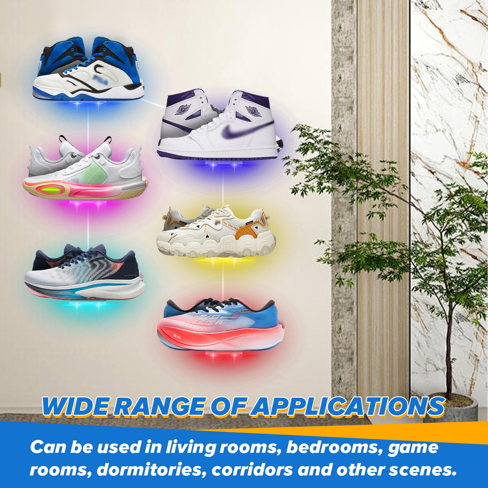 6Pcs LED Floating Shoe Display Shelf - 8 x 3.9 Inch Clear Acrylic Wall Mounted Sneaker Rack with 15 Screw Kits - Glowing Levitating Shelves for Bedroom, Gaming Room, Shoe Store & Retail Display - Perfect for Sneaker Collection and Modern Home Decor