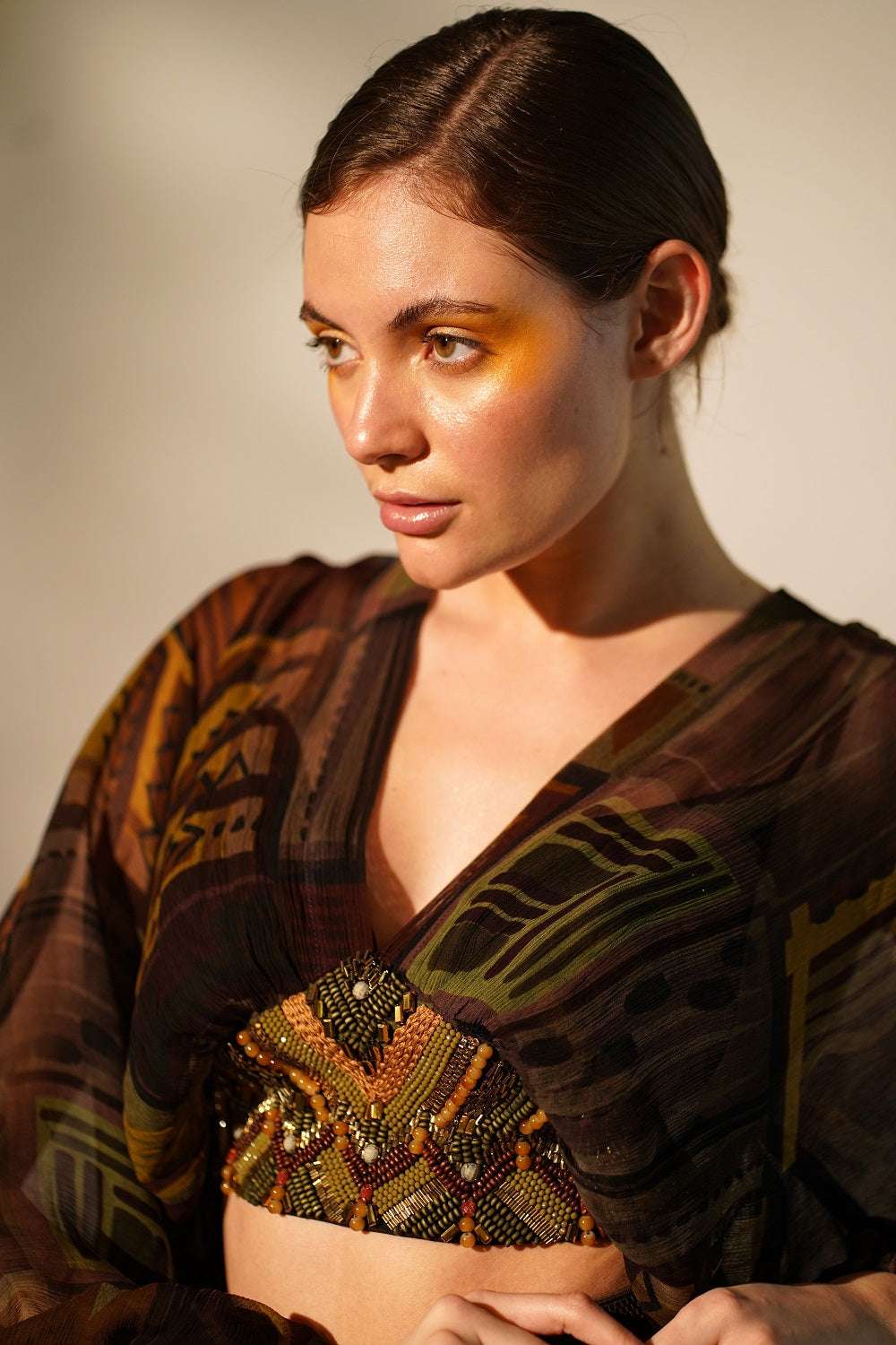 Stylish Multicolor Abstract Print Top with Baroque Hand Embellishments - Perfect for Parties, Date Nights & Special Occasions