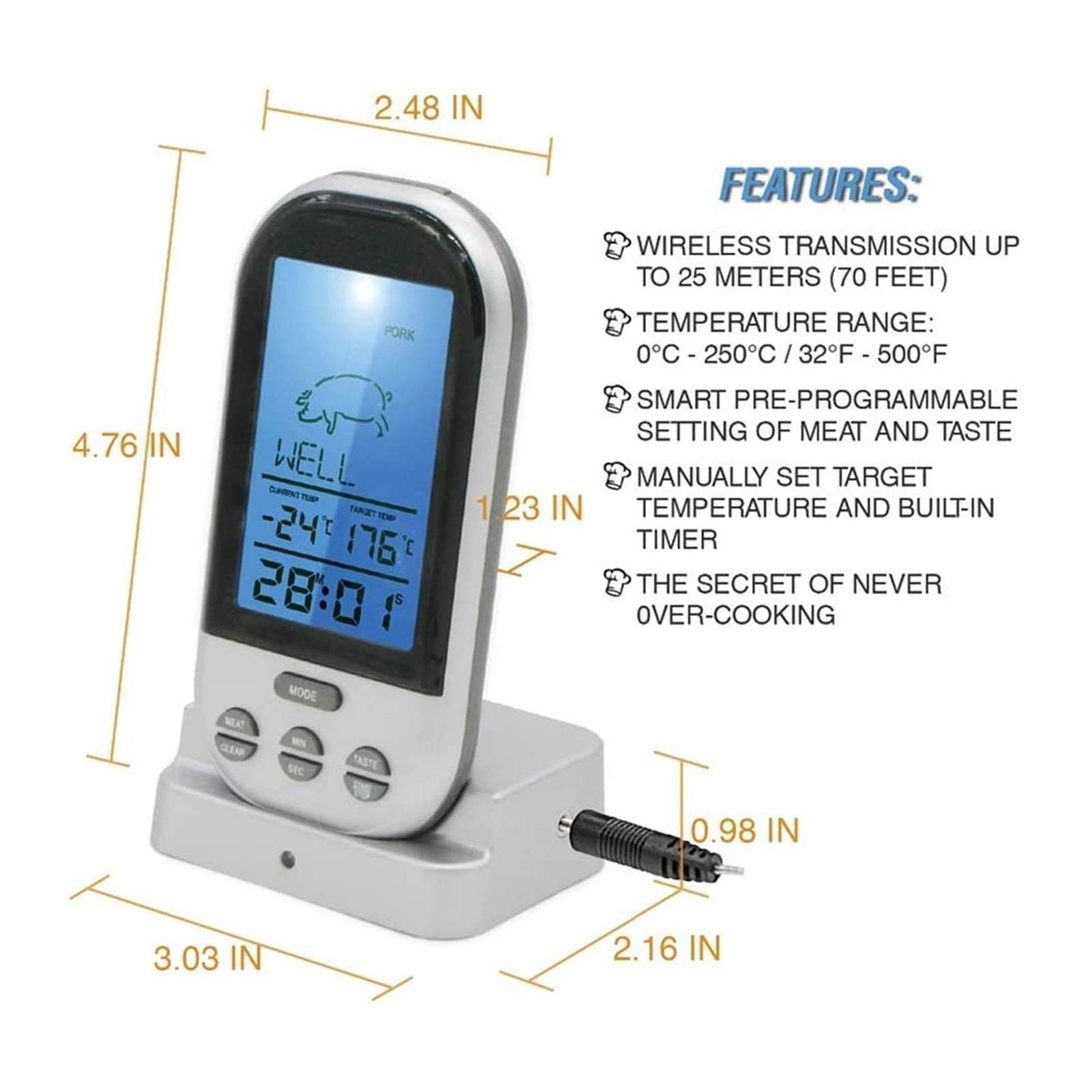 Digital Meat Thermometer with Touchscreen - Instant Read Food Thermometer for Grilling, Smoking, BBQ, Oven & Frying Pan - Backlit LCD Display with Timer & Temperature Modes | Perfect for Cooking Steak, Chicken, Fish & Baking