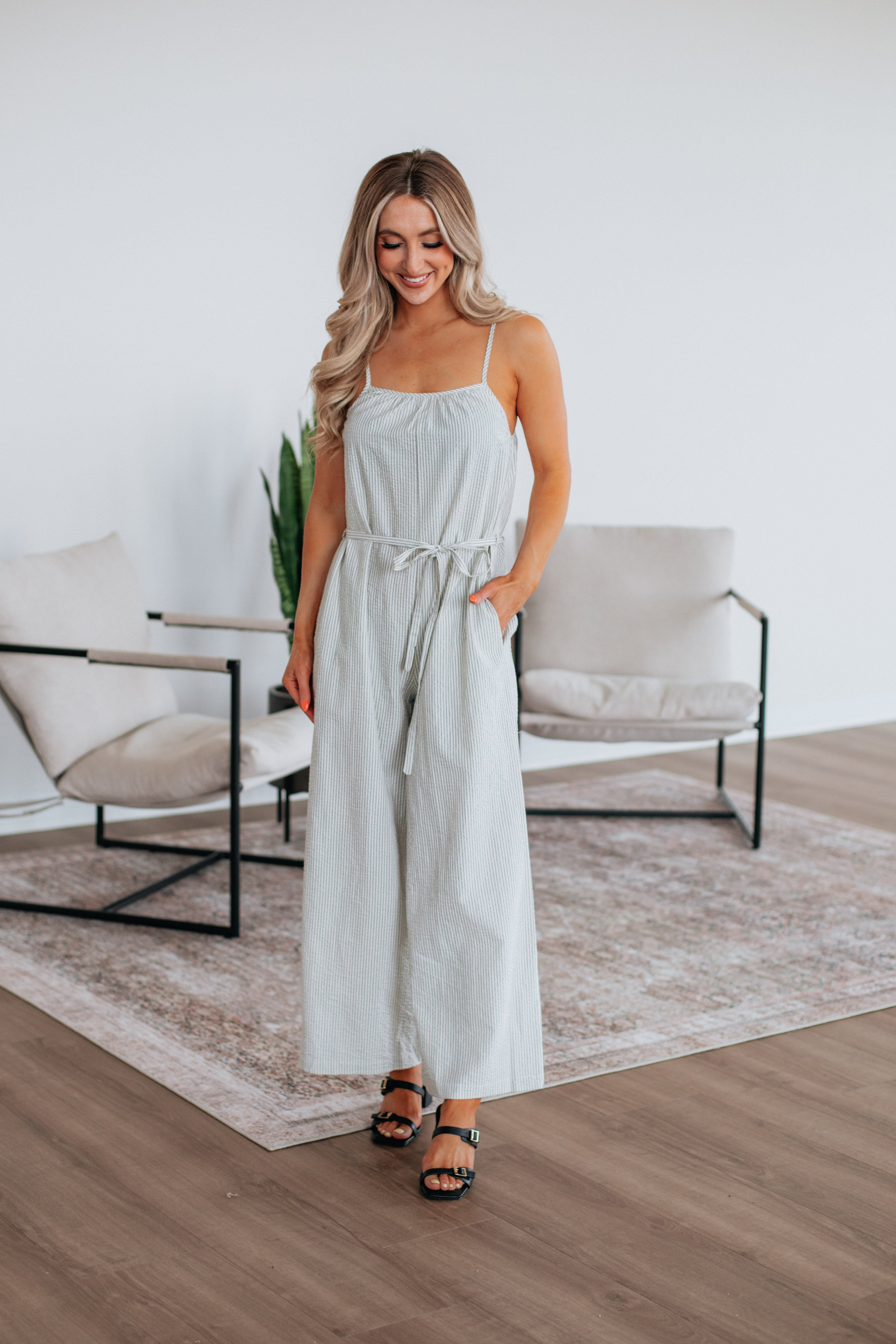 Brielle Striped Jumpsuit for Women - Stylish Ecru Romper with Pockets | Perfect for Summer Outfits, Beach Vacations & Casual Wear