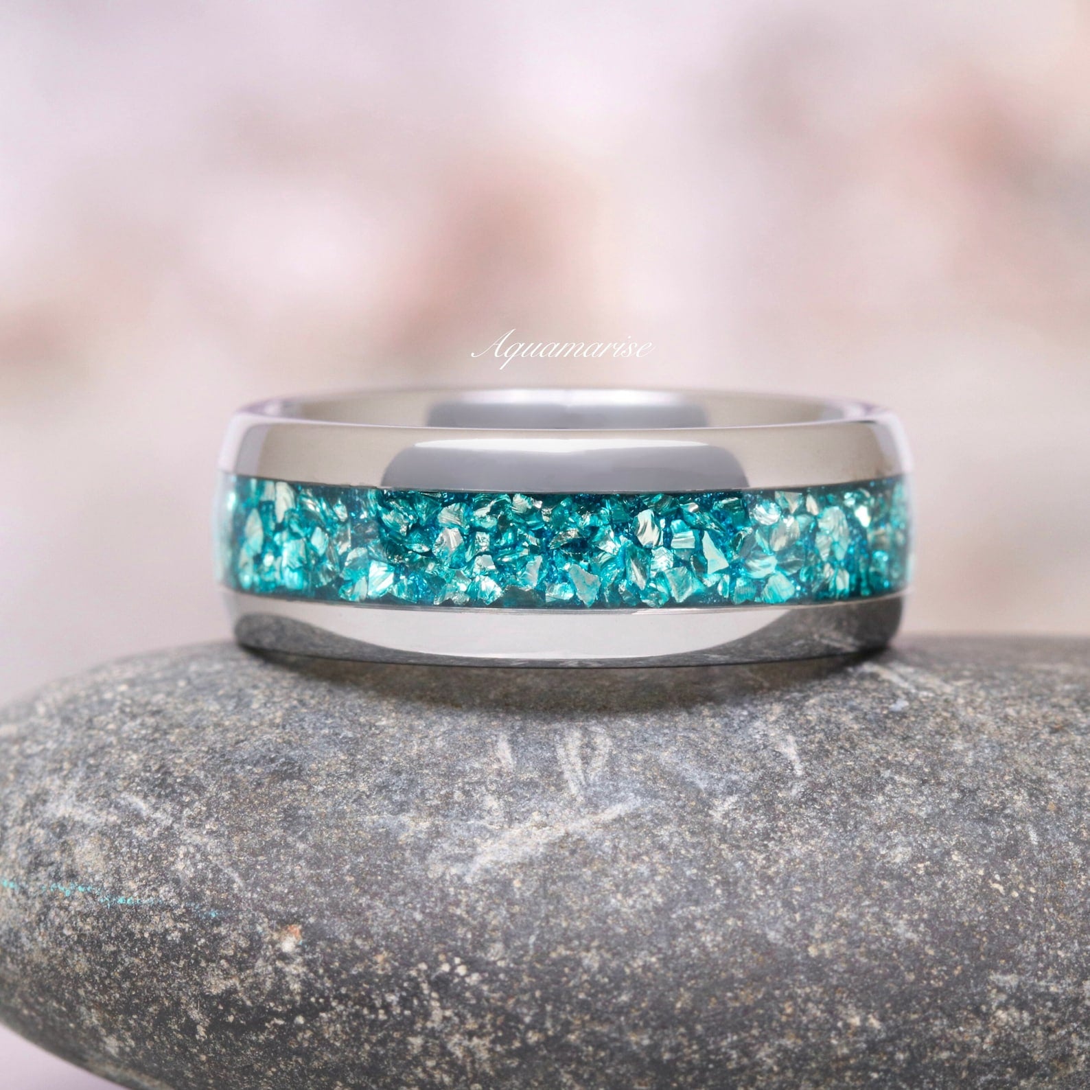 Minimalist Crushed Aquamarine Couples Ring - Elegant Matching Wedding Bands for Him & Her - Perfect for Anniversaries, Engagements, and Romantic Gifts