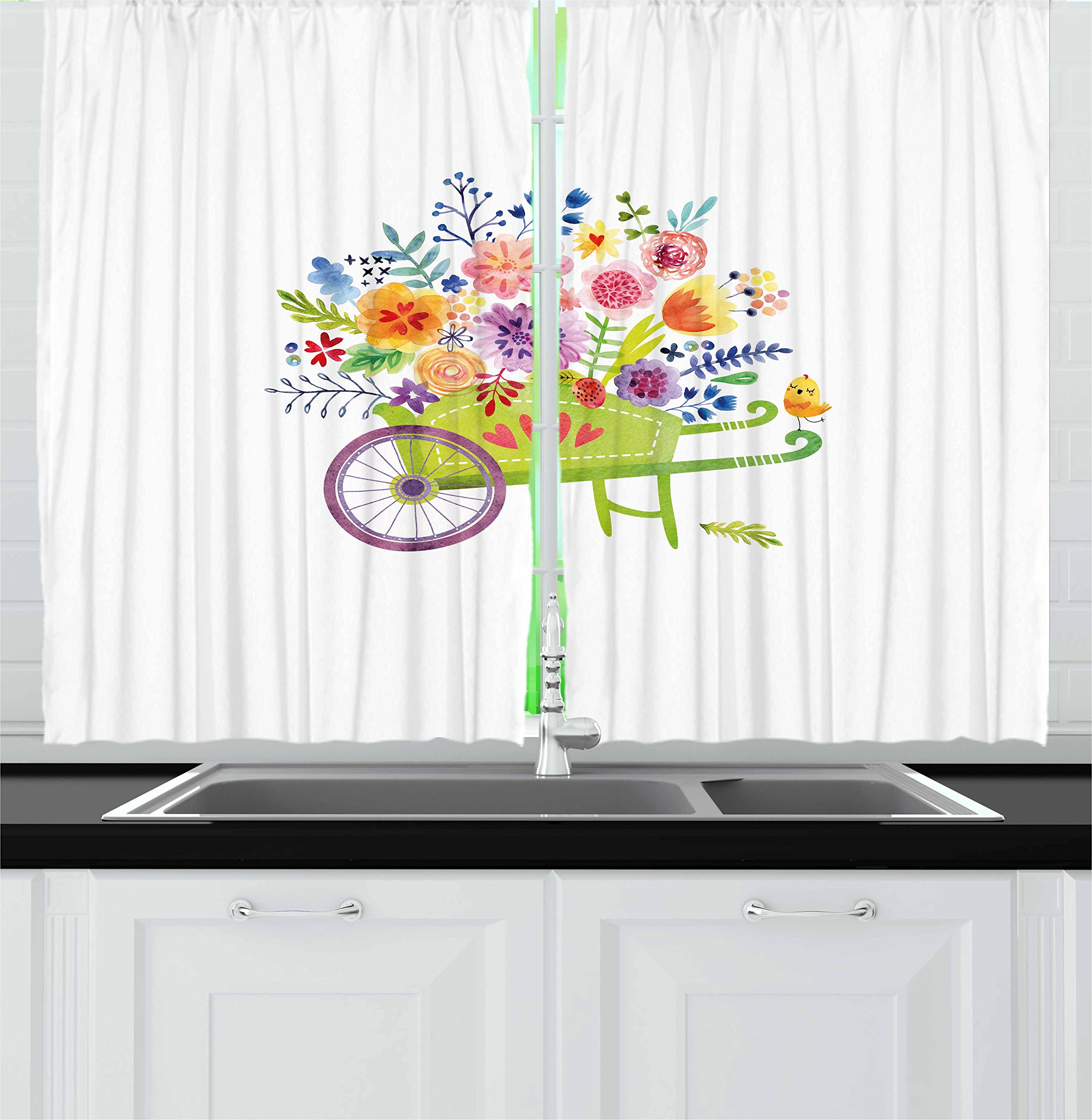Ambesonne Floral Kitchen Curtains Set of 2 - Watercolor Wheelbarrow with Flowers Botanical Design, 55