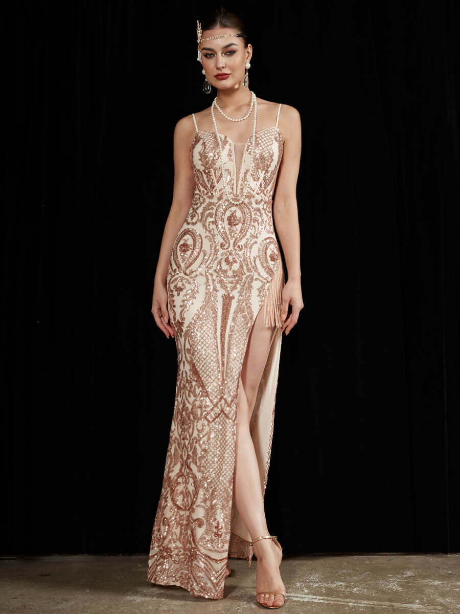 Elegant Champagne Gold Sequin Mermaid Prom Dress with Tassels & High Leg Slit - Perfect for Homecoming, Formal Dances & Special Occasions