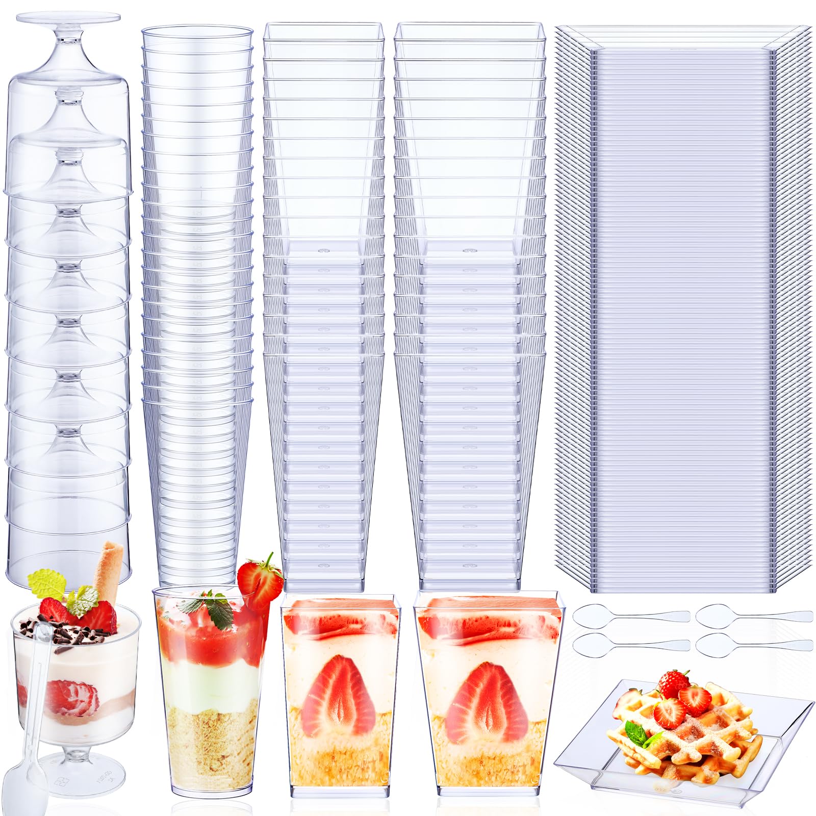 250 Pcs Clear Plastic Mini Dessert Cups with Spoons - 5 oz & 3 oz Square Parfait and Round Shooter Cups for Parties, Appetizers, Pudding, Mousse - Perfect for Catering, Birthday Events, and Wedding Dessert Serving