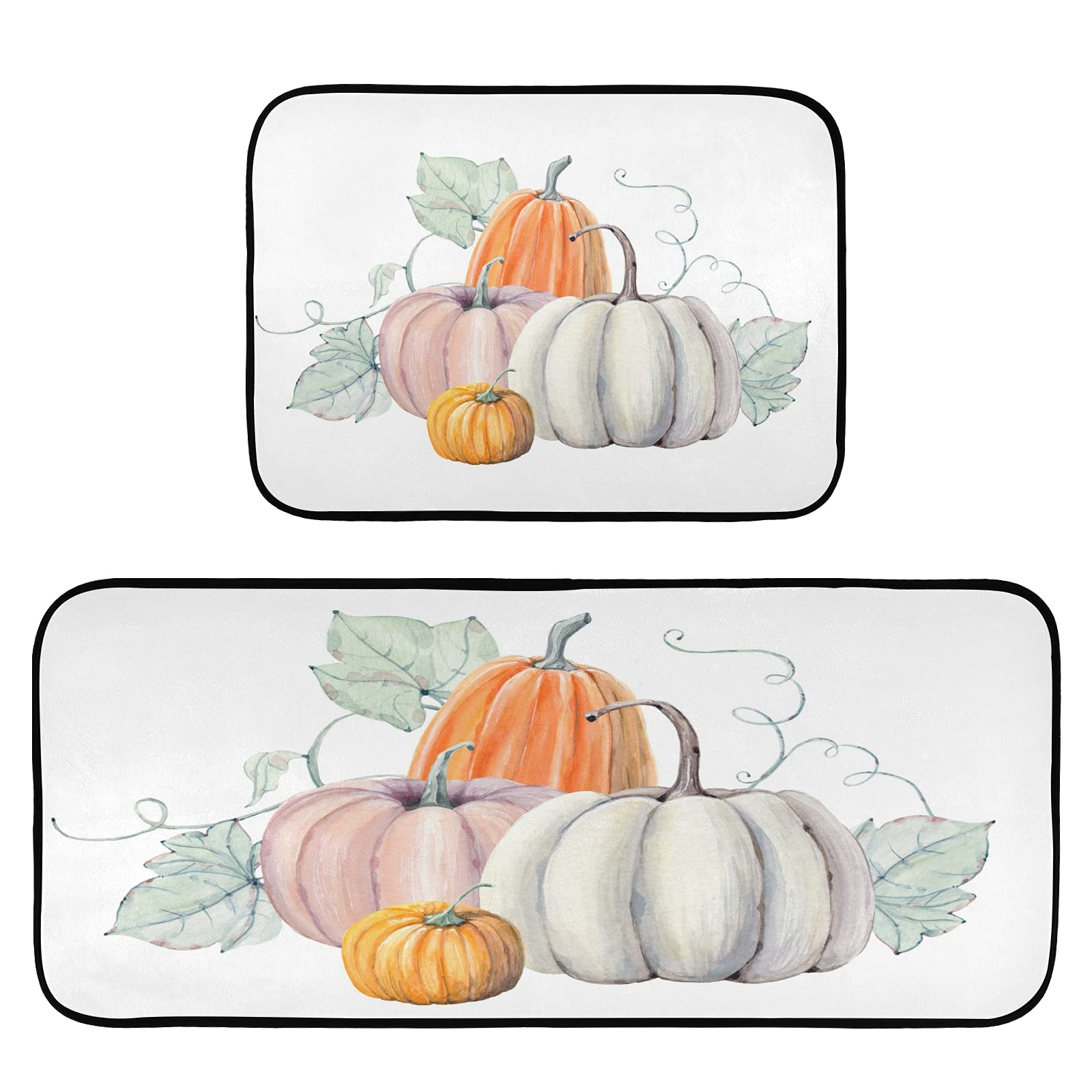 Krafig Thanksgiving Pumpkins Kitchen Rug Set of 2 - Washable Non-Slip Anti-Fatigue Memory Foam Mat with Rubber Backing for Kitchen, Living Room, Bedroom, Bathroom & Laundry Room - Perfect for Fall Decor and Holiday Home Comfort