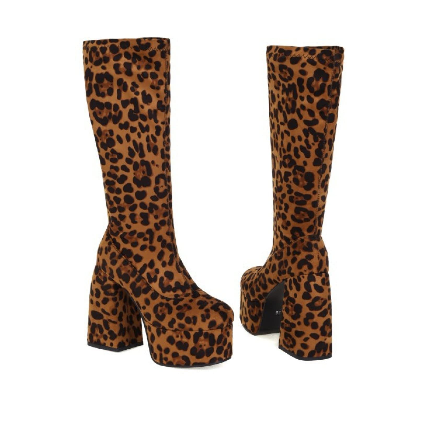 Hoxekle Women's Fashion Knee High Suede Boots - Leopard Print, Side Zipper, Square Toe, Thick Platform - Perfect for Nightclub, Party & Winter Outfits