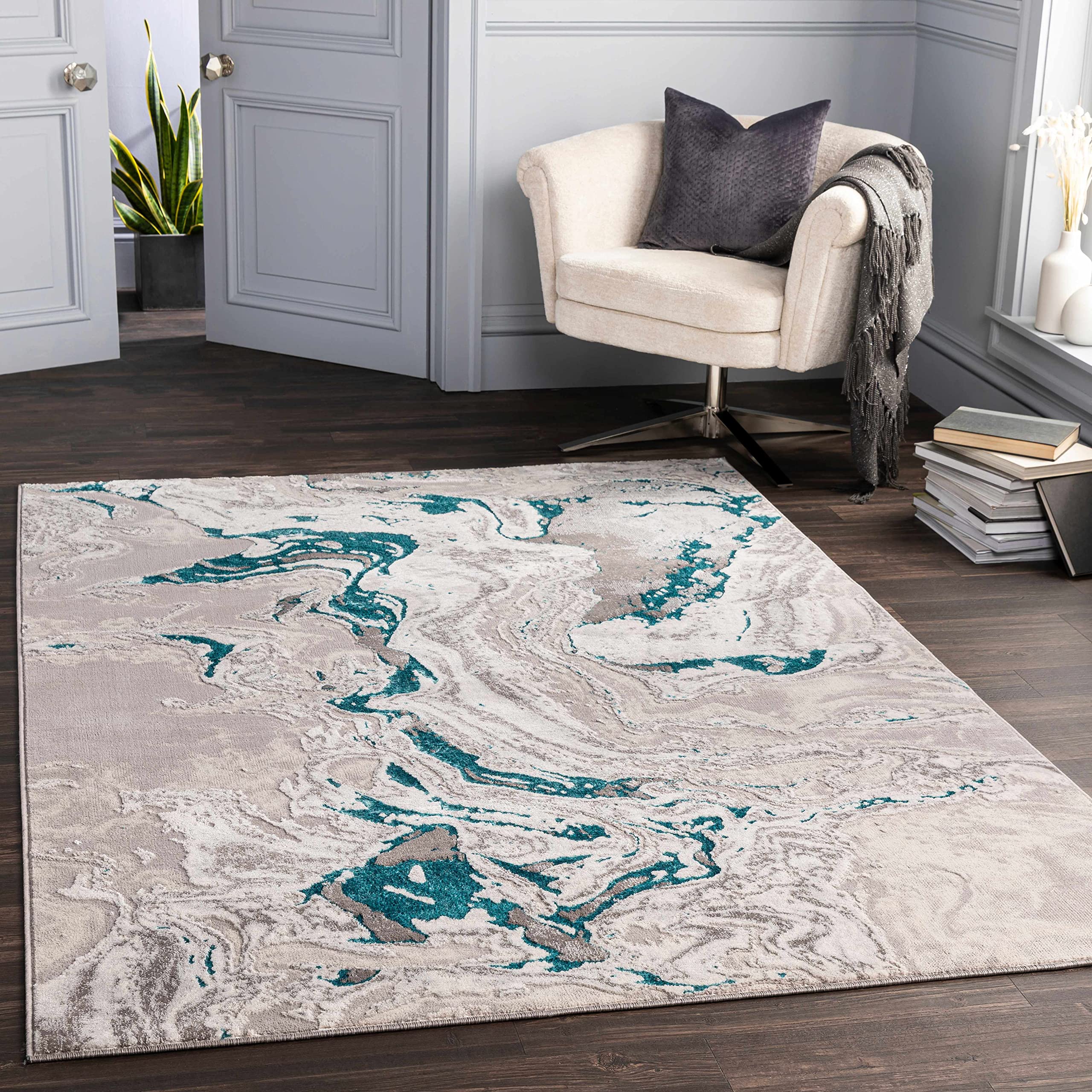 Modern Hauteloom Bonville Area Rug for Living Room & Bedroom - Soft Beige & Blue Design - 5'2