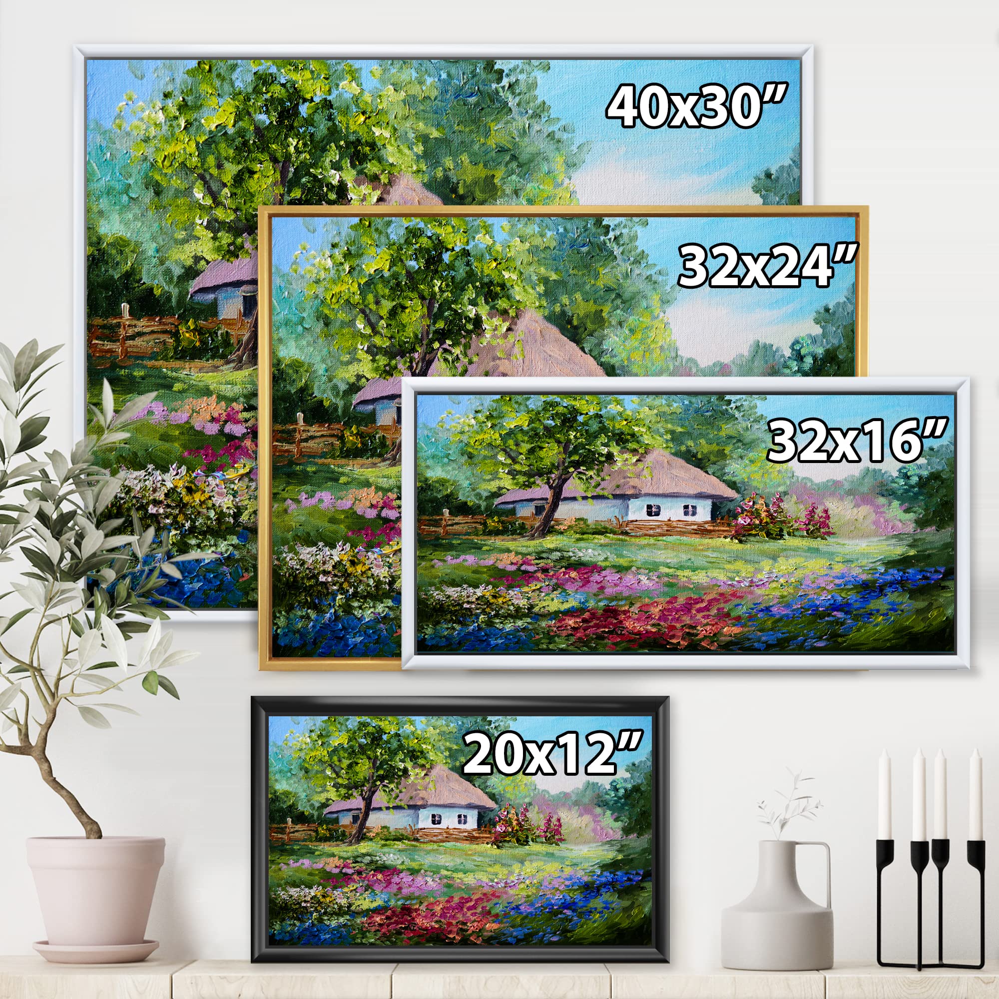 Traditional Framed Canvas Wall Art Print - Mountain House with Blossoming Flowers Landscape Painting for Living Room, Bedroom & Office Decor