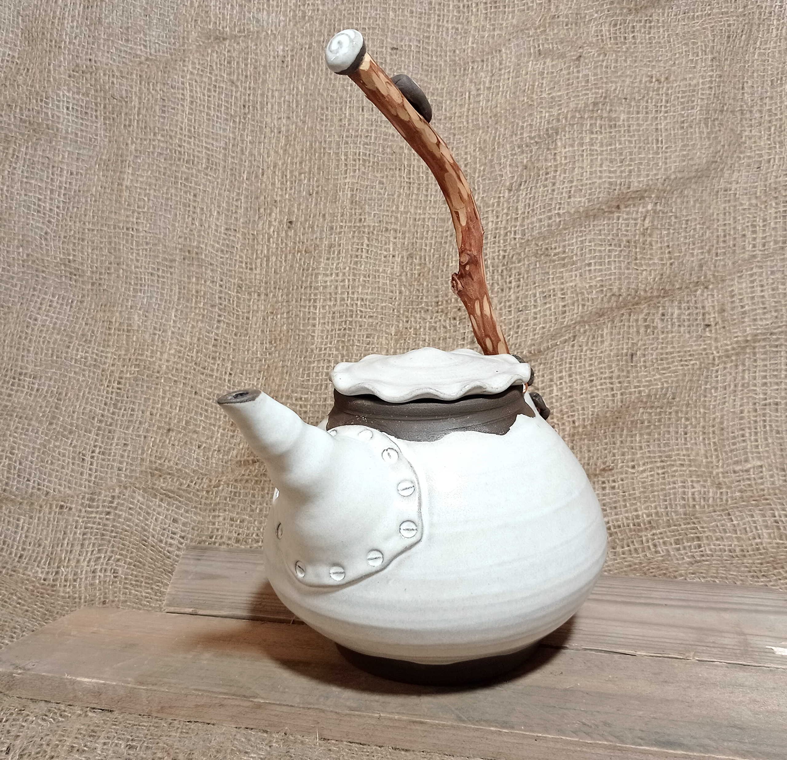 Handmade 60 Oz Black Clay Teapot with Natural Wood Handle - Unique Wheel-Thrown Cream Kitchenware - Perfect Gift for Mom, Tea Lovers & Home Decor