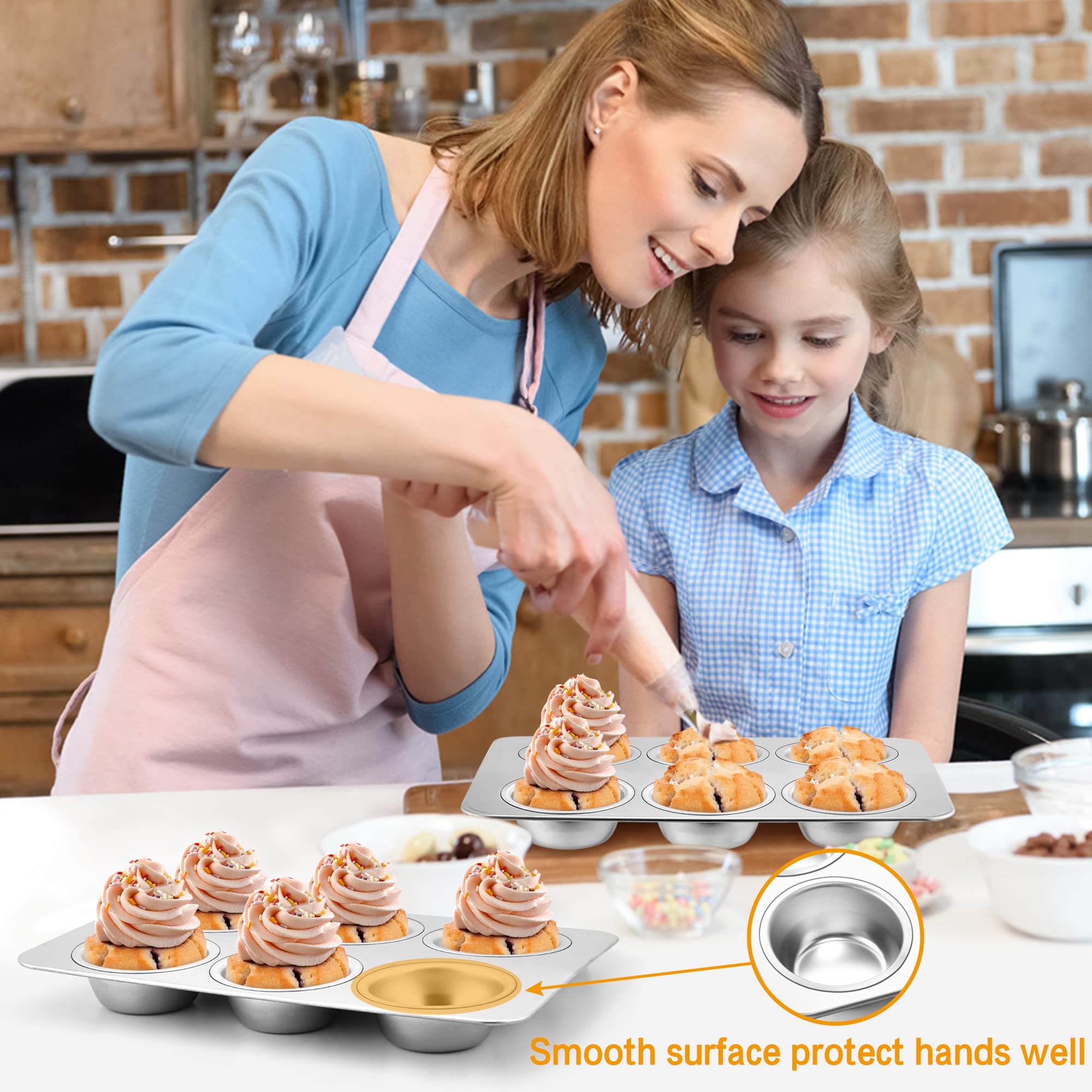 LIANYU 12-Cup Muffin Pan Set of 2 | Nonstick Stainless Steel Cupcake Baking Tray | Oven & Dishwasher Safe | Perfect for Birthday Parties, Holiday Baking & Home Dessert Making