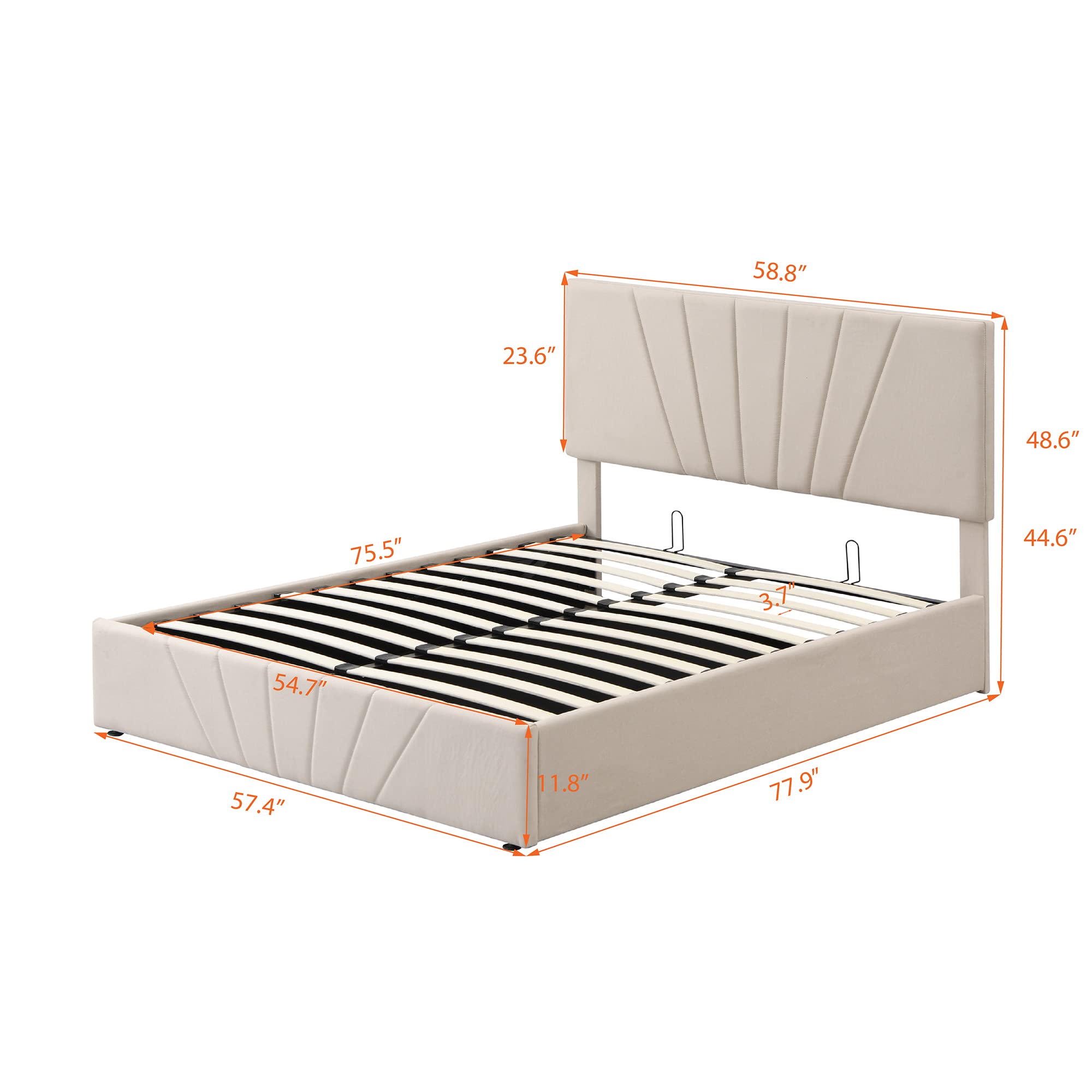 SOFTSEA Upholstered Full Platform Bed Frame with Headboard & Hydraulic Storage System - Under Bed Storage, Beige Fabric - Perfect for Small Bedrooms, Guest Rooms & Space-Saving Solutions