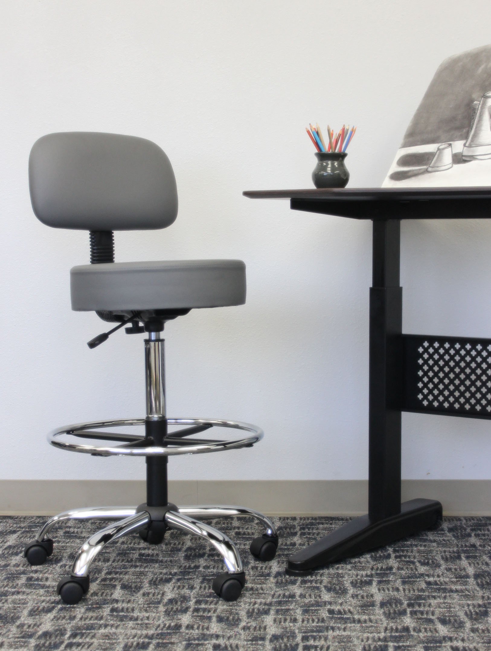 Boss Office Products Drafting Stool with Back Cushion - Adjustable Height Ergonomic Office Chair, Grey, 25