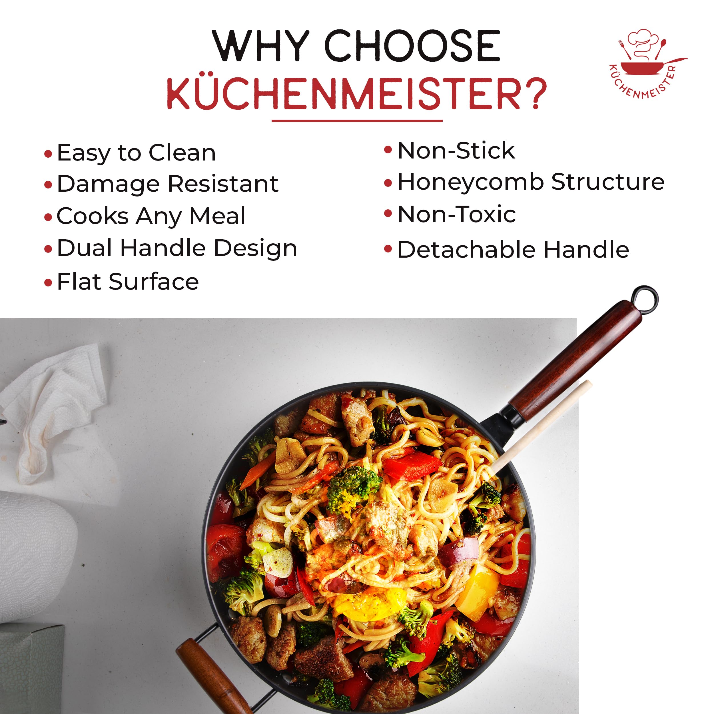 Küchenmeister 12.5-Inch Carbon Steel Wok Pan with Lid - Nonstick Flat Bottom Stir Fry Pan for Induction, Gas, Electric & Halogen Stoves | Includes Brush & Oil Strainer | Perfect for Asian Cooking, Stir-Frying & Home Chefs