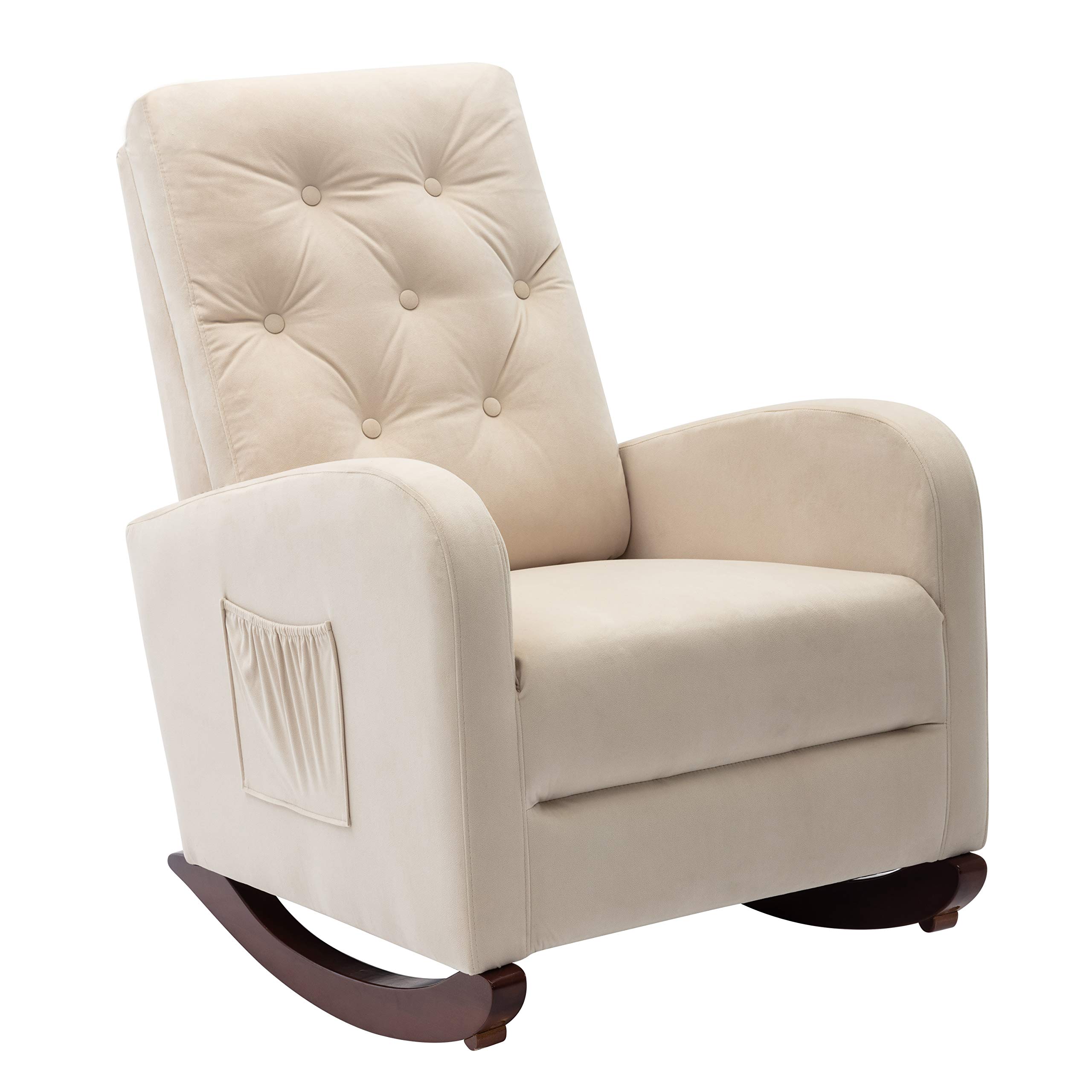 **Modern Rocking Chair Nursery Glider Recliner - High Back Cushion & Pocket - Comfortable Accent Chair for Baby Nursery, Kids Room & Living Room - Beige - Perfect for Breastfeeding, Relaxing & Reading**