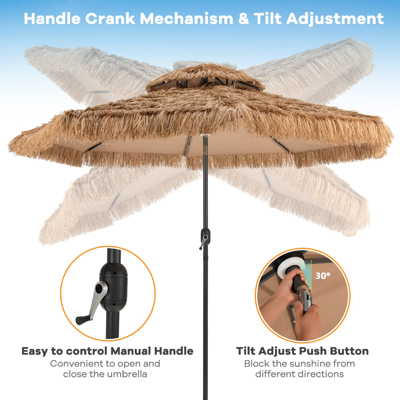 Tangkula 10ft Hawaiian-Style Thatched Patio Umbrella with 32 LED Lights & Solar Center Light - 2-Tier Tiki Umbrella, 8 Ribs, Tilt Adjustment, Manual Crank for Backyard, Poolside, Deck, Beach & Outdoor Parties