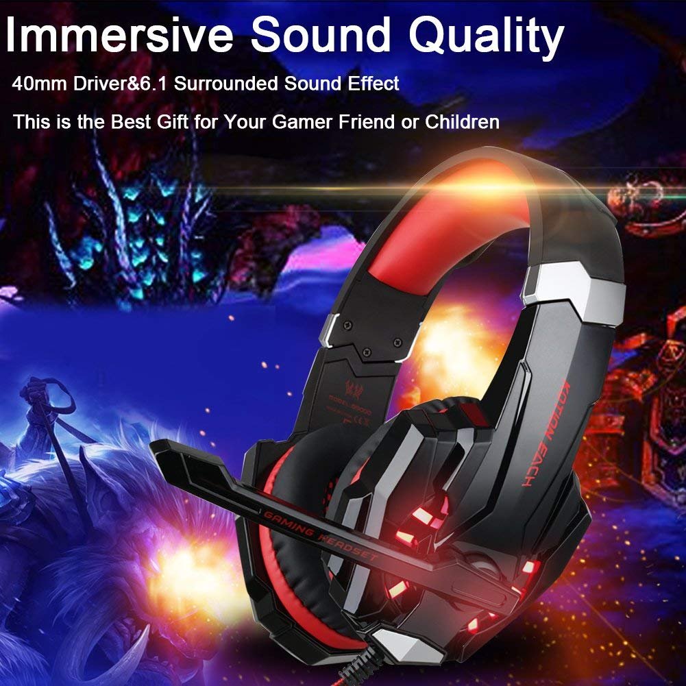 Premium Stereo Gaming Headset for PS4, PS5, PC, Xbox One & Nintendo Switch - Noise Cancelling Over-Ear Headphones with Mic, LED Lights & Deep Bass Surround - Soft Memory Foam Earmuffs for Comfort - Perfect for Gaming, Streaming & Online Meetings (Black-Red)