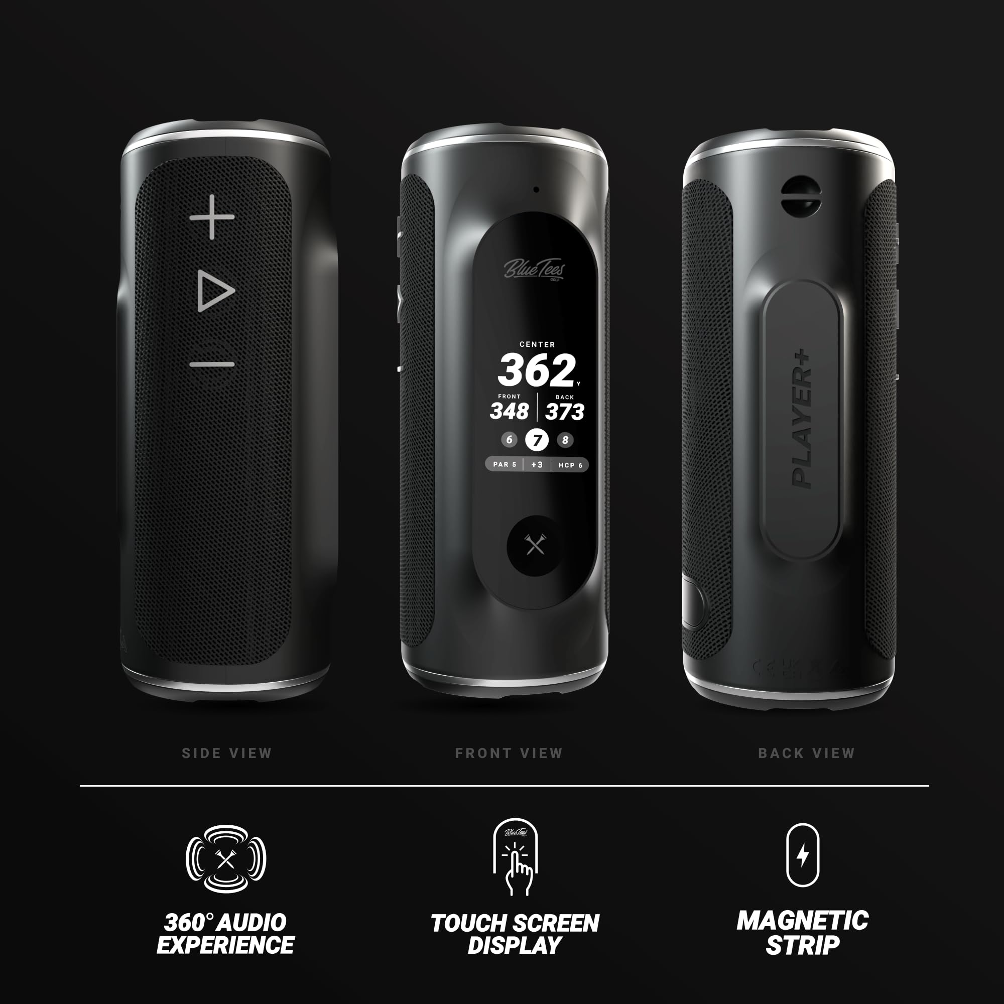 Blue Tees Golf Player+ GPS Speaker with Touch Screen Display | 10+ Hours Battery Life | 40,000+ Preloaded Golf Courses | Visual & Audible Distance Measurement | Hazard Detection | IPX7 Waterproof (Navy) | Perfect for On-Course Distance Tracking & Music Playback During Golf Games