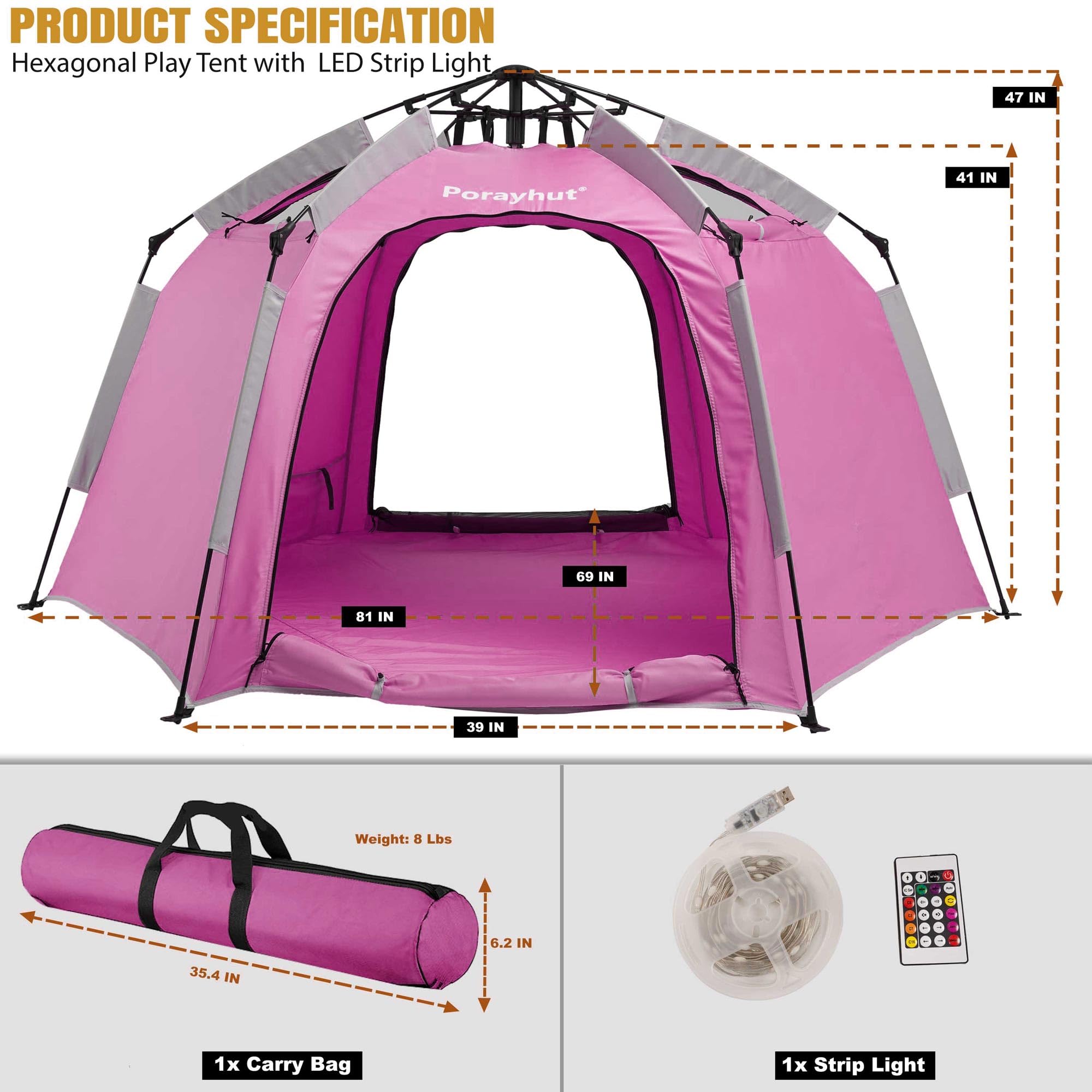 Portable Hexagon Kids Play Tent with LED Strip Lights - Indoor Children's Playhouse, Easy Setup Space Tent for 4-5 Kids | Perfect for Bedroom Play, Birthday Gifts & Dreamy Nighttime Adventures