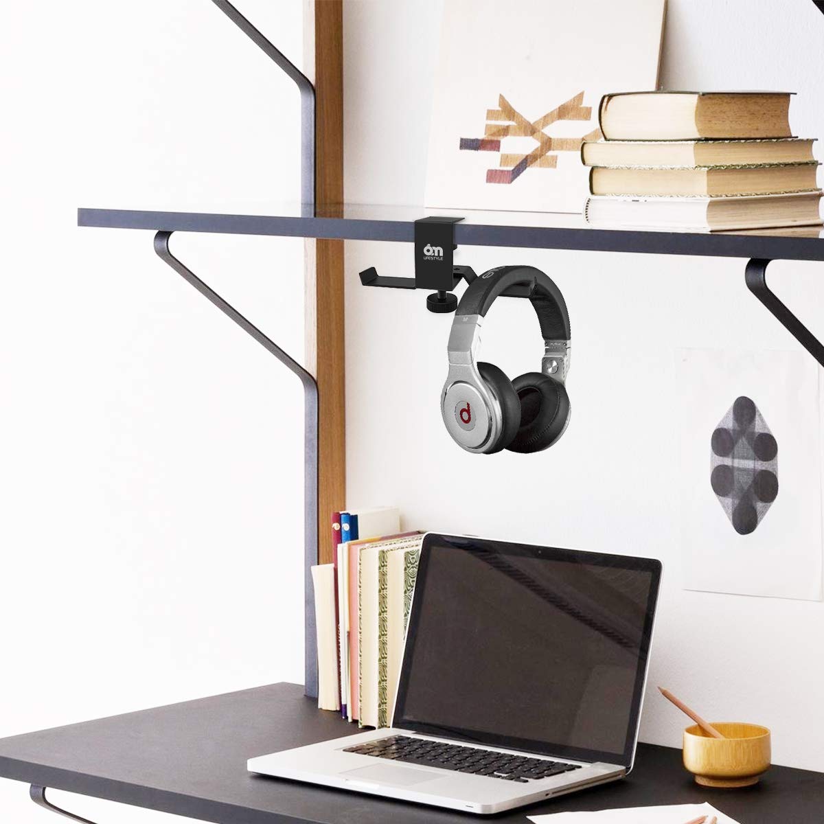 6amLifestyle Under Desk Dual Headphone Hanger - Universal Metal Headset Stand with Clamp for Gaming Earphones, Headsets & Accessories (Black, Patent) - Perfect for Home Office, Gaming Setup & Workspace Organization